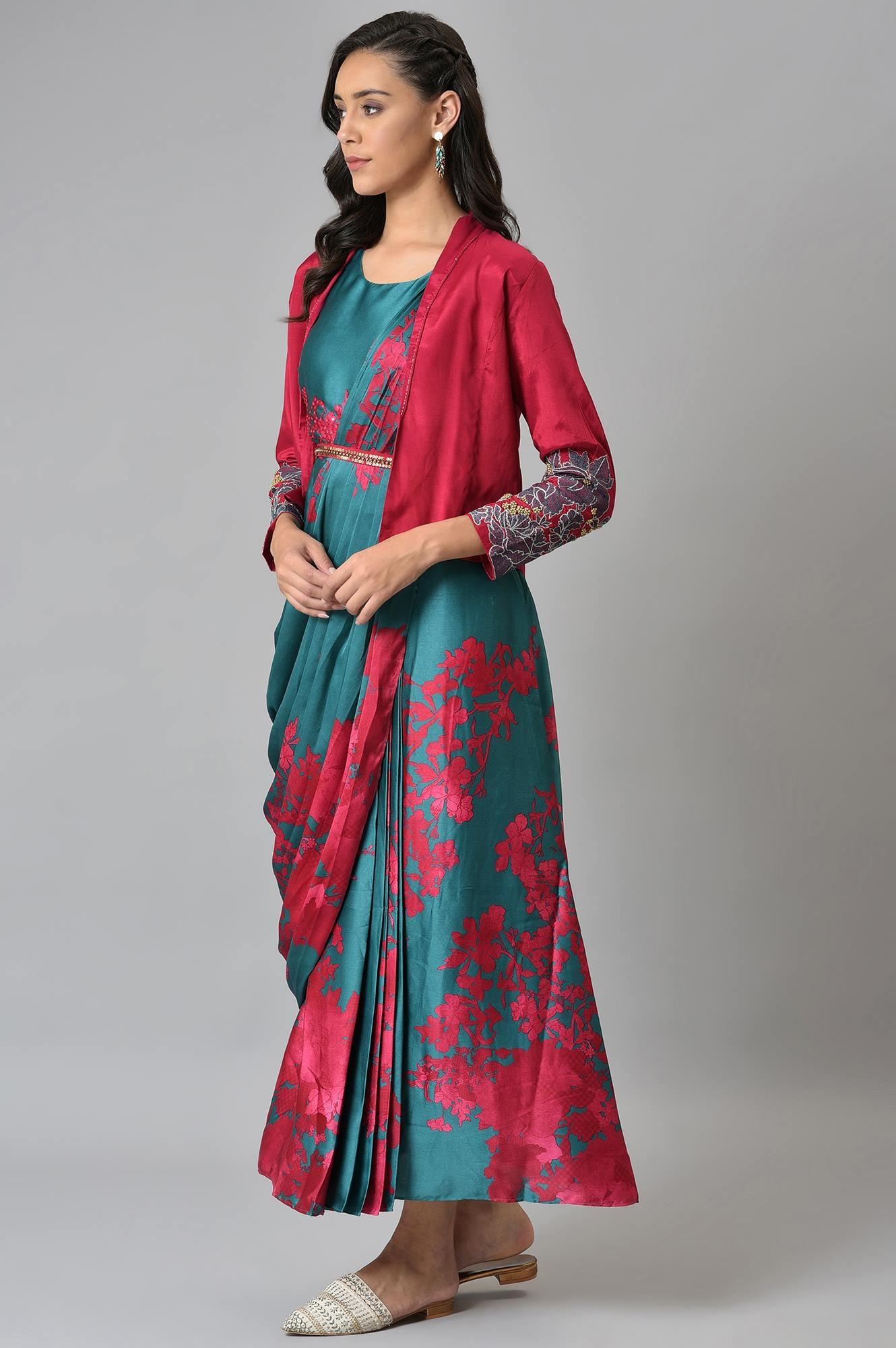 Green And Red Sleeveless Predrape Saree Dress With Belt And Tailored Jacket - Image 3