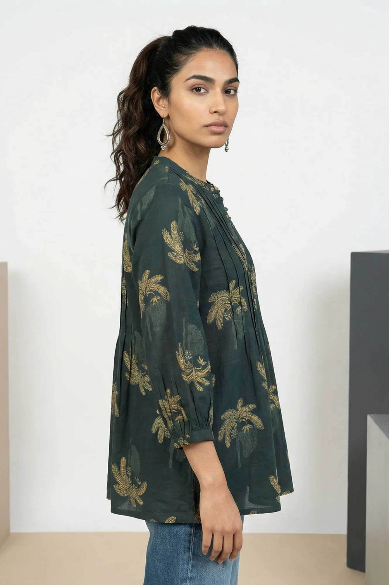 Green Block Botanical Printed Pure Cotton Flared Top - Image 3
