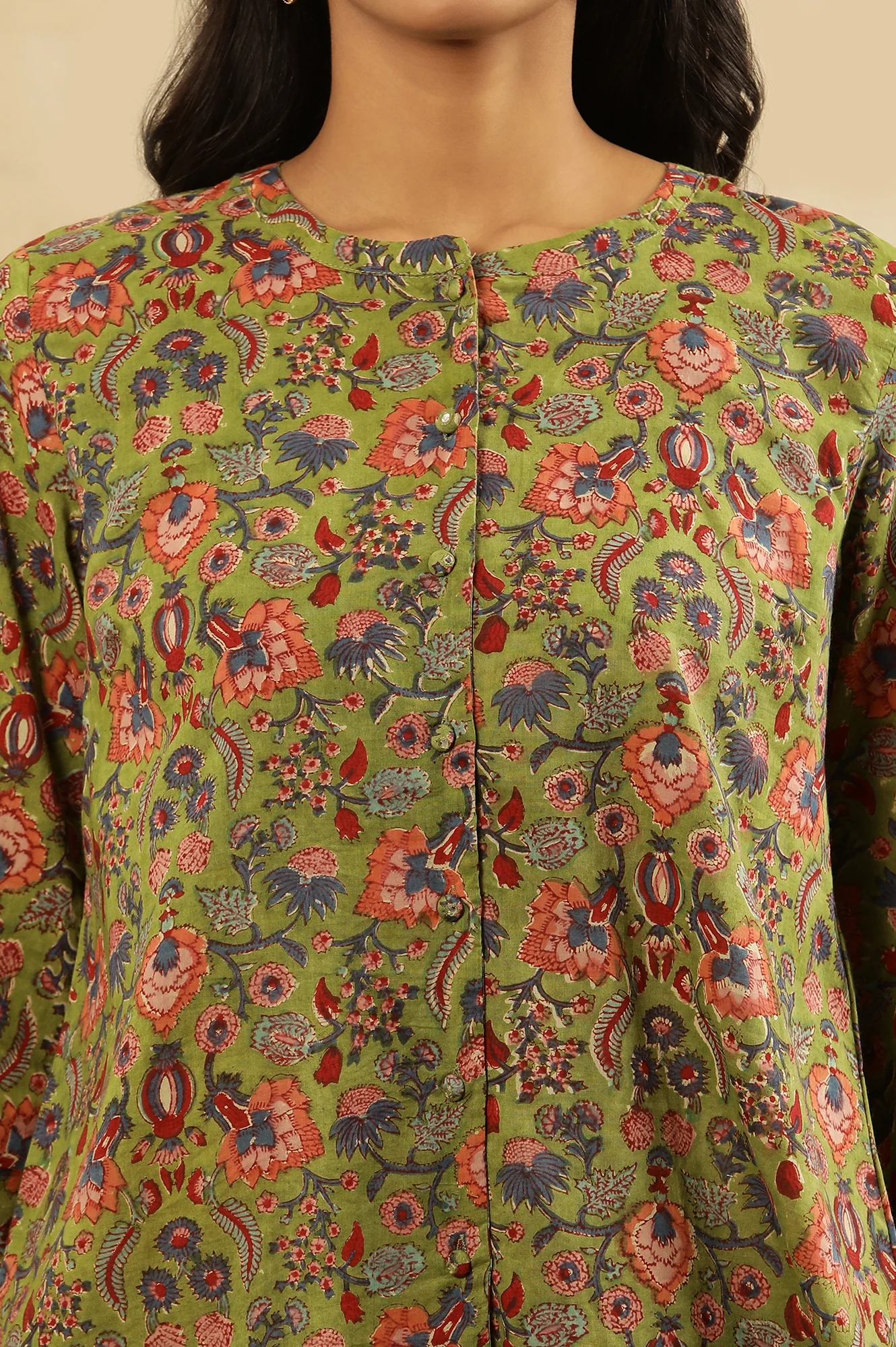 Green Block Print Top With Gathered Sleeves - Image 6
