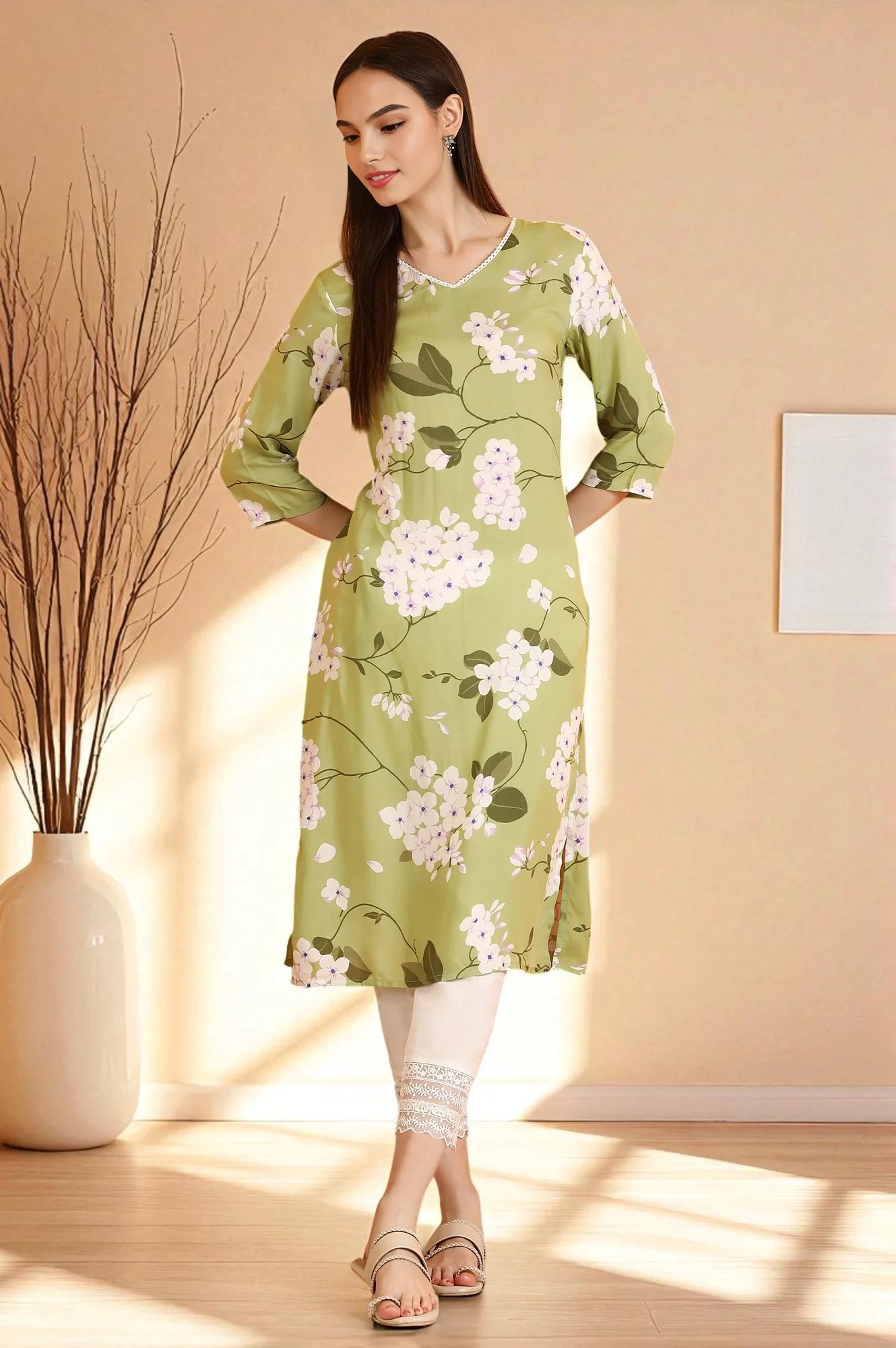 Green Bold Floral Printed Modal Straight Kurta