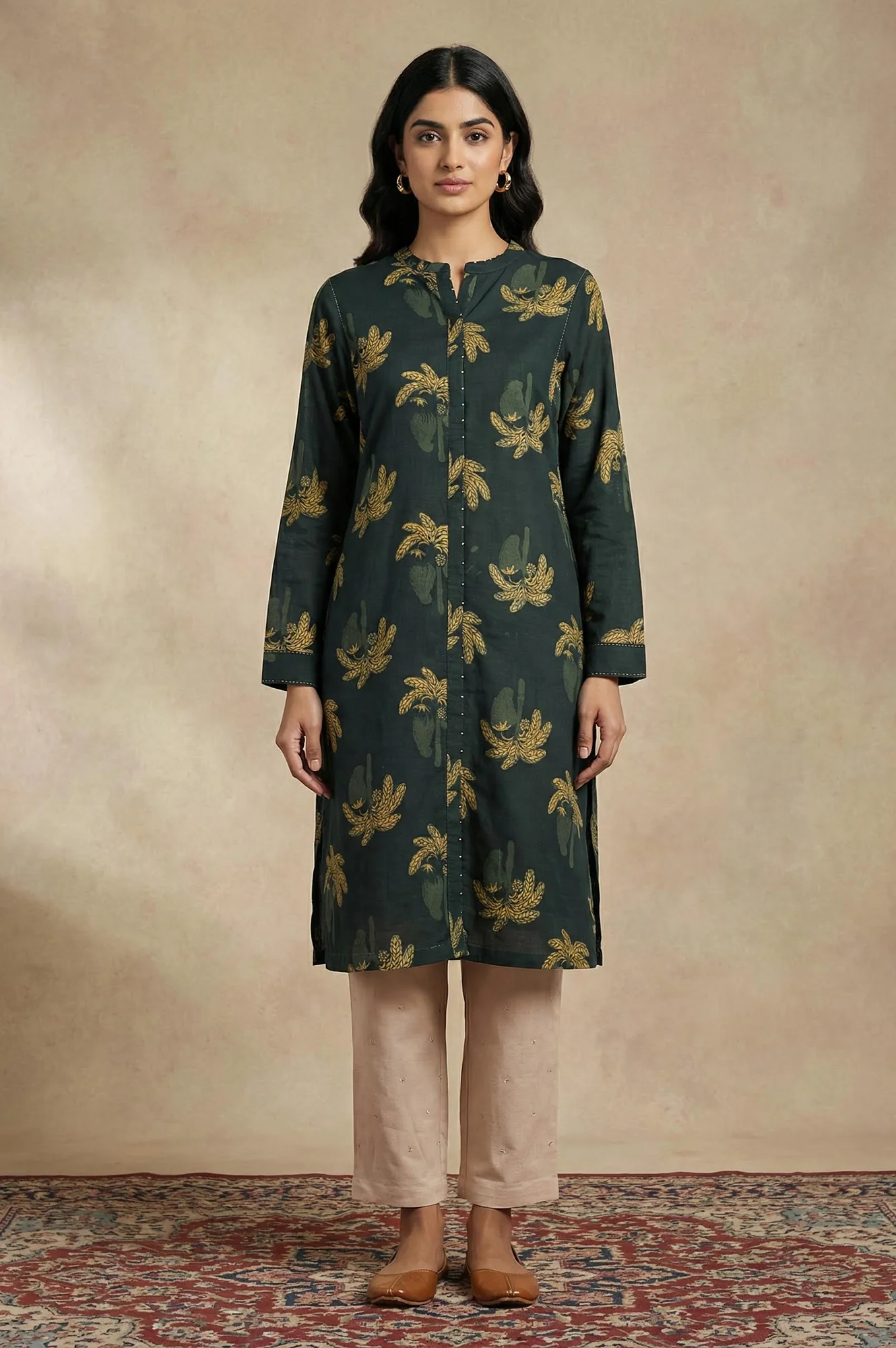 Green Botanical Printed Beadwork Pure Cotton Straight Kurta - Image 2