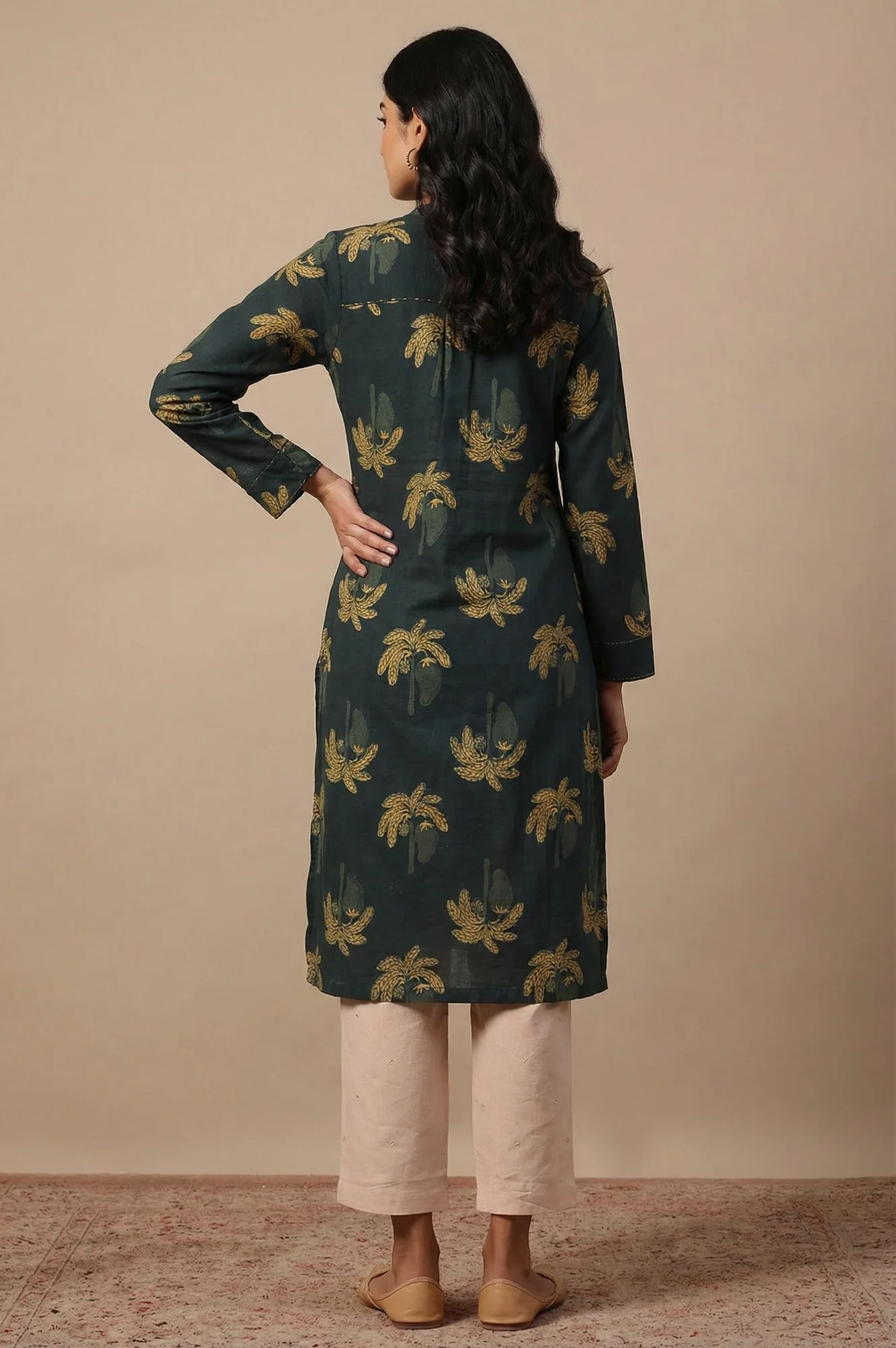 Green Botanical Printed Beadwork Pure Cotton Straight Kurta - Image 5