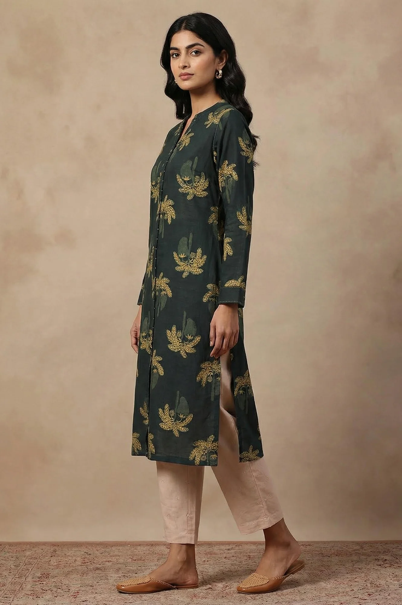 Green Botanical Printed Beadwork Pure Cotton Straight Kurta - Image 6