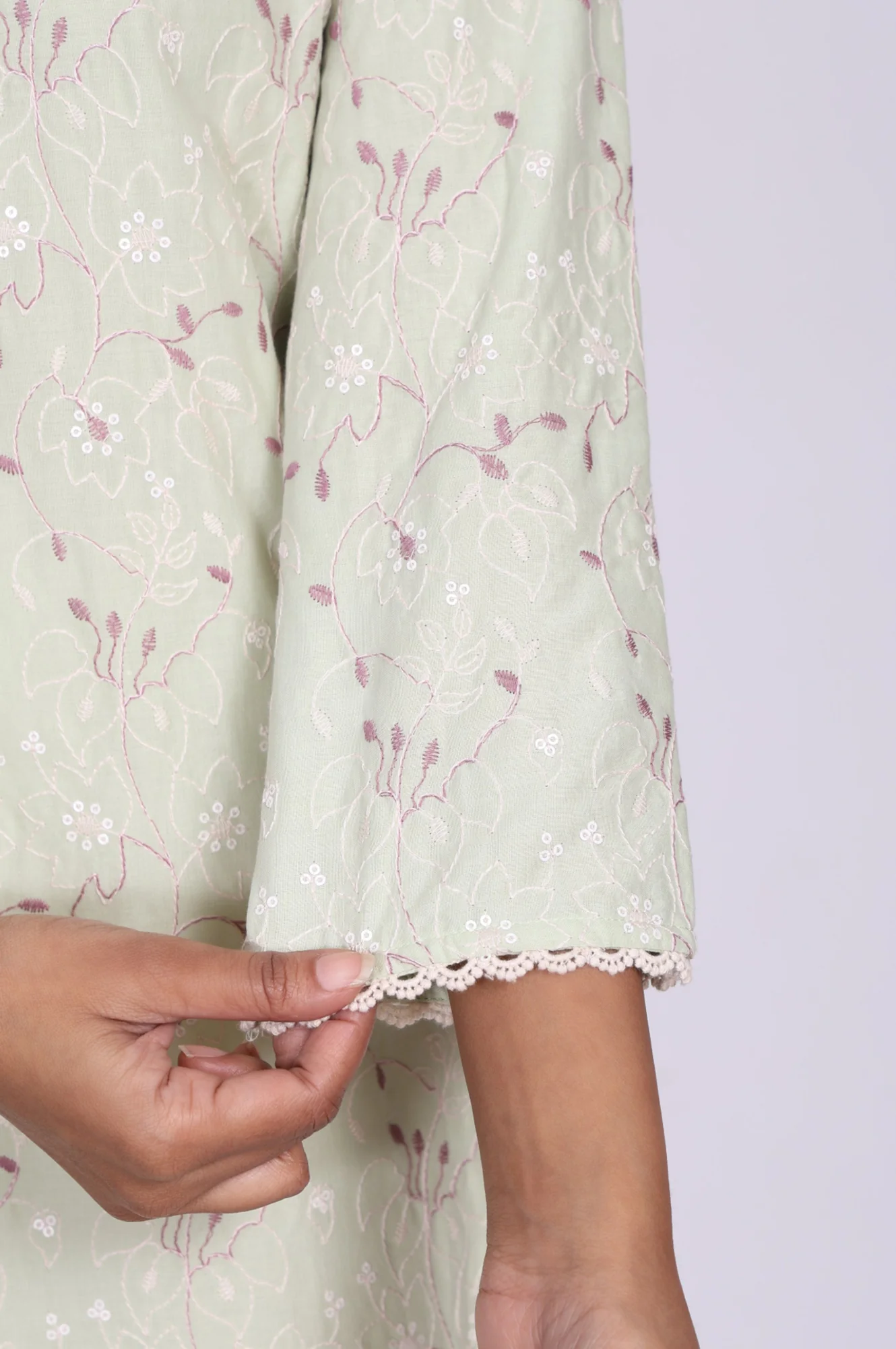 Green Chikankari Pure Cotton Straight Kurta - Image 6