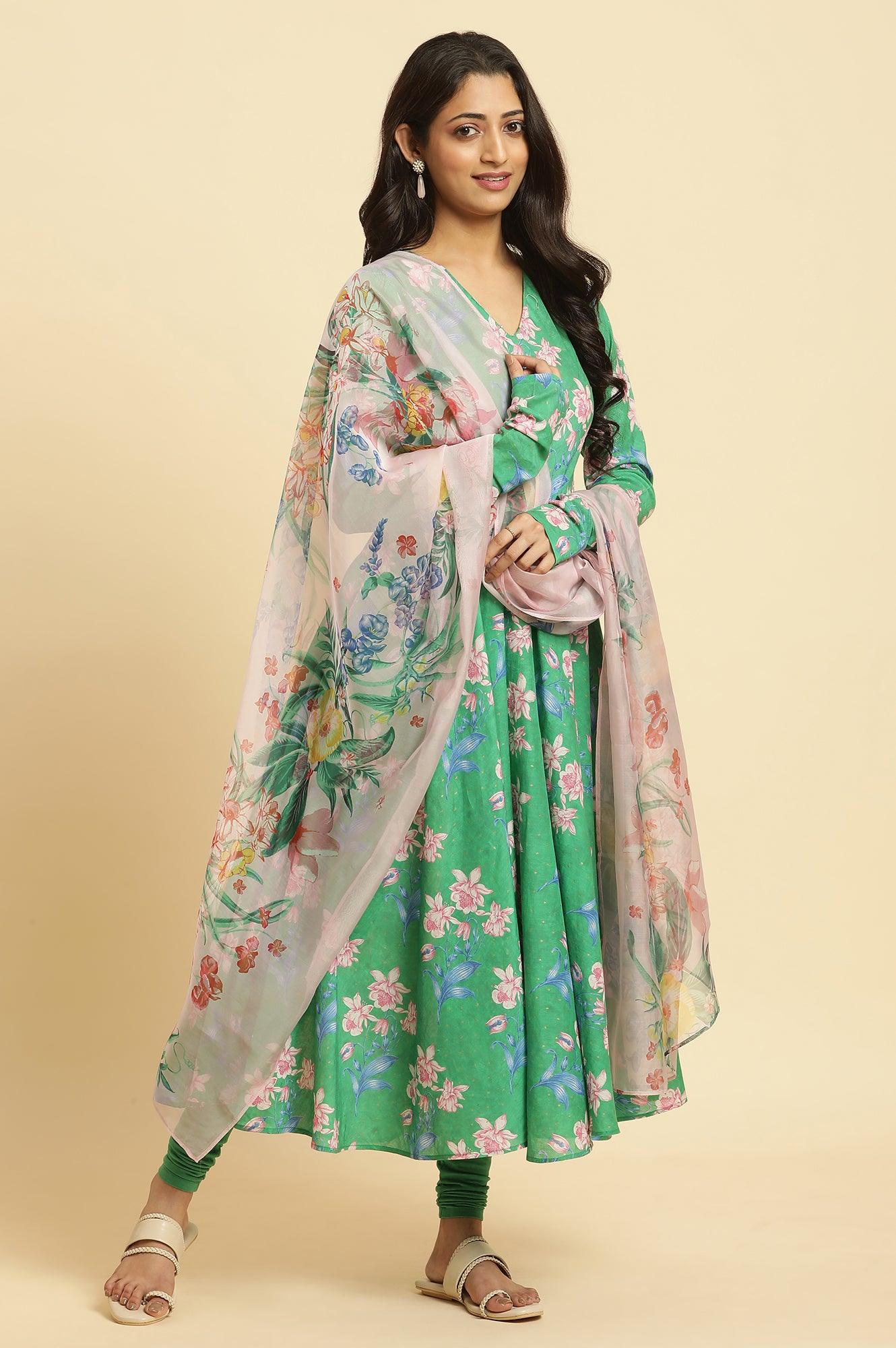 Green Cicular Printed Flared Kurta, Tights And Dupatta Set - Image 2