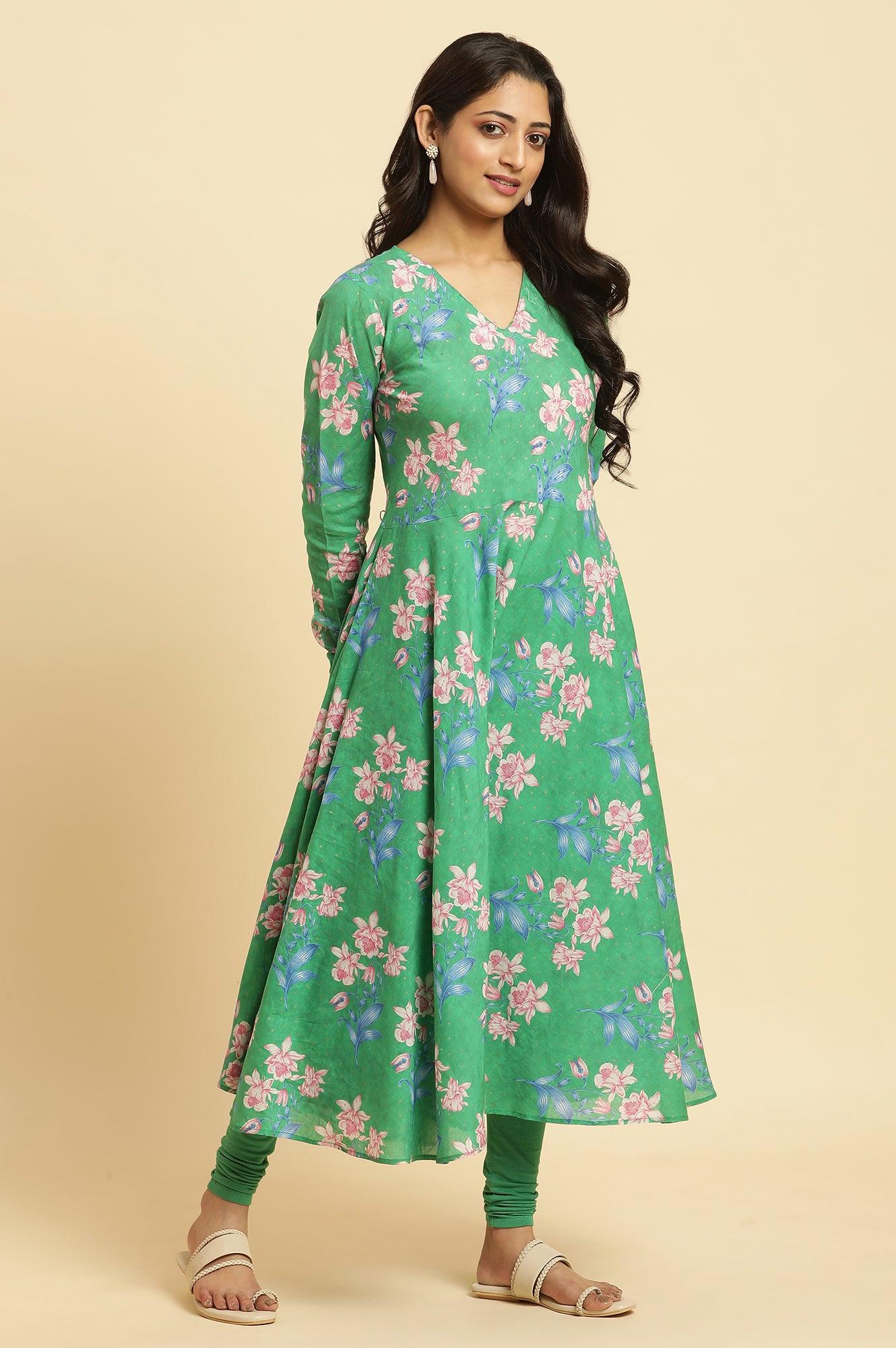 Green Cicular Printed Flared Kurta, Tights And Dupatta Set - Image 5