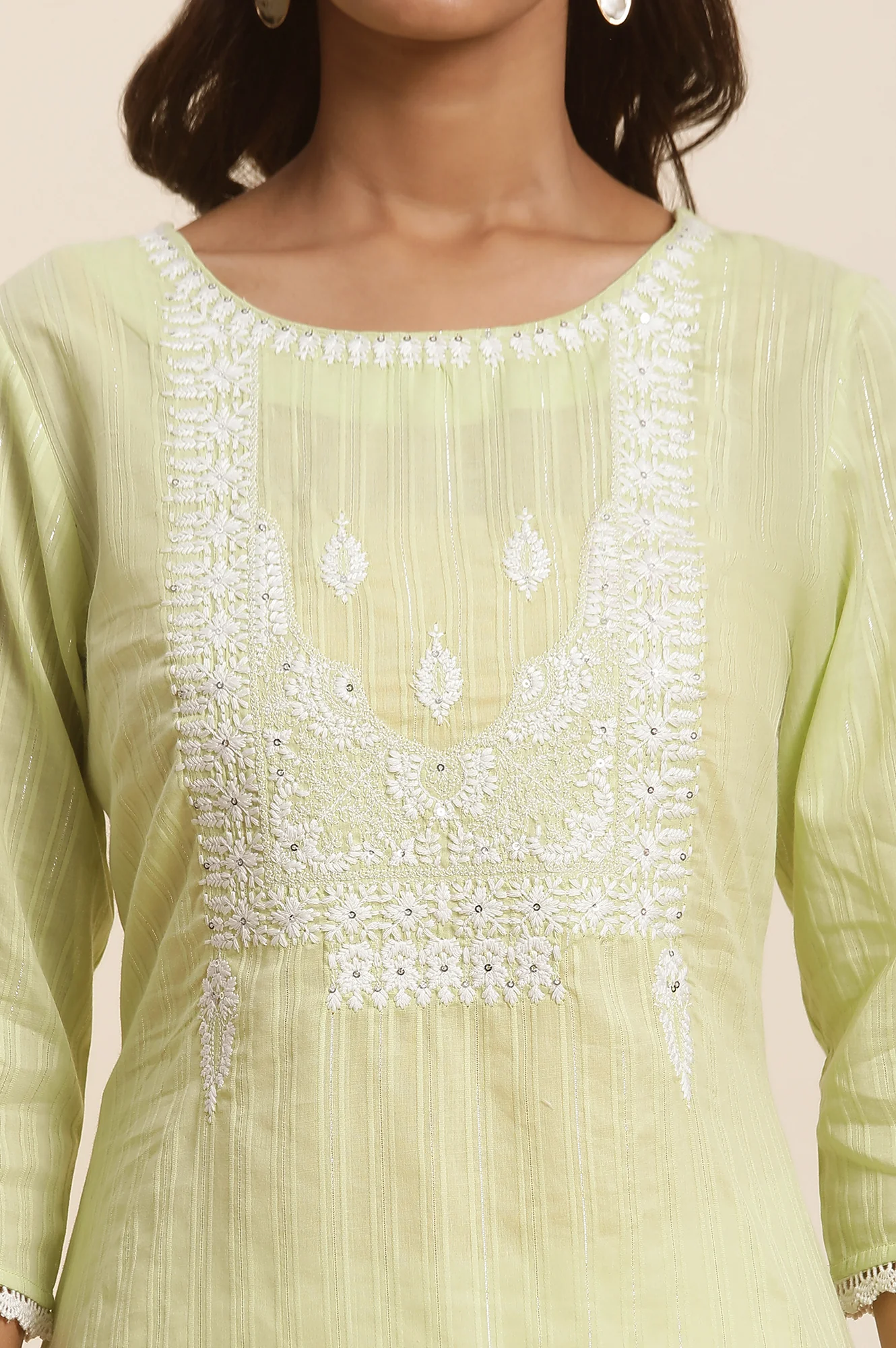 Green Cotton Lurex Embroidered Kurta - Image 6