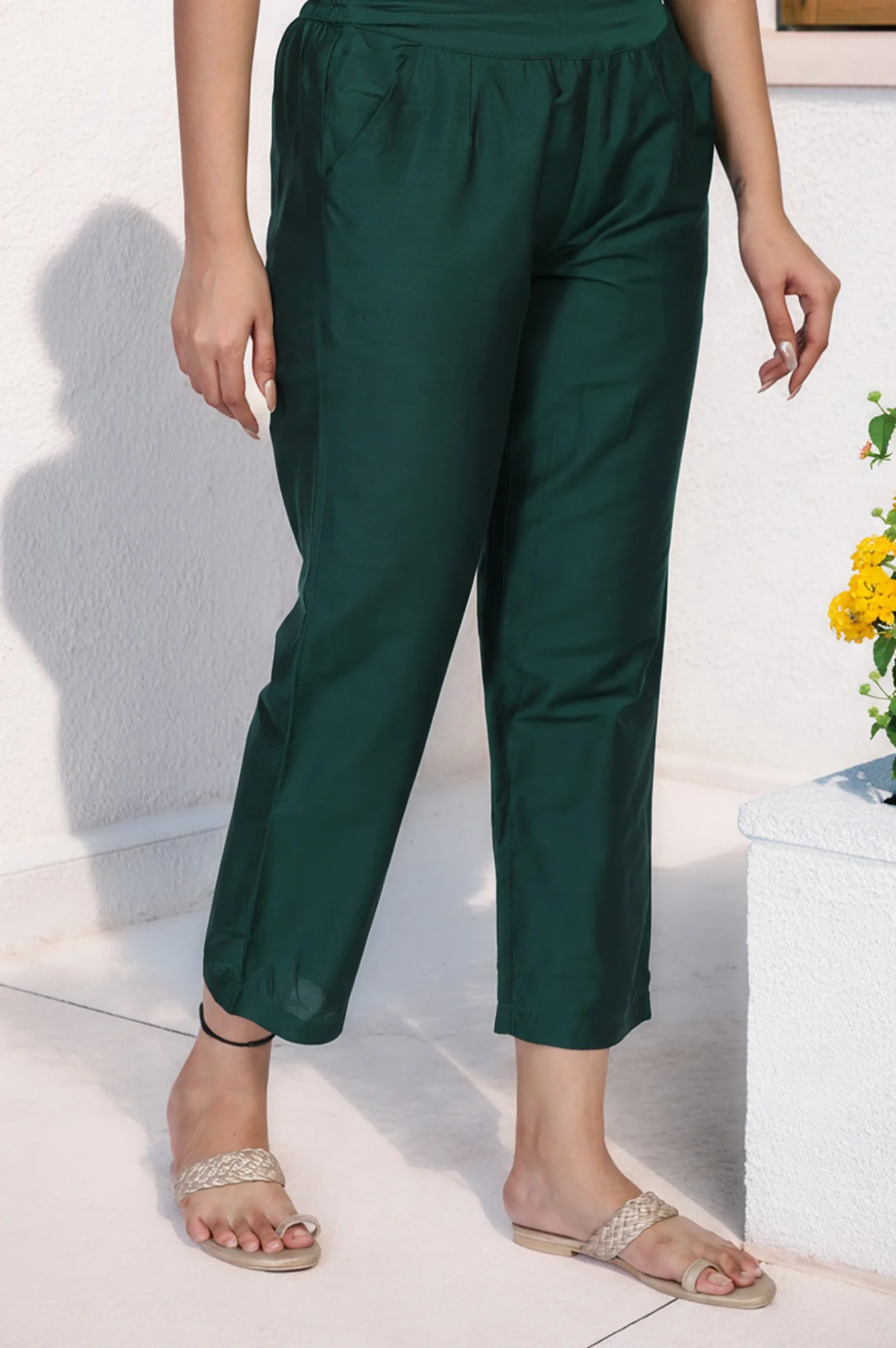 Green Cropped Rayon Straight Pant - Image 3