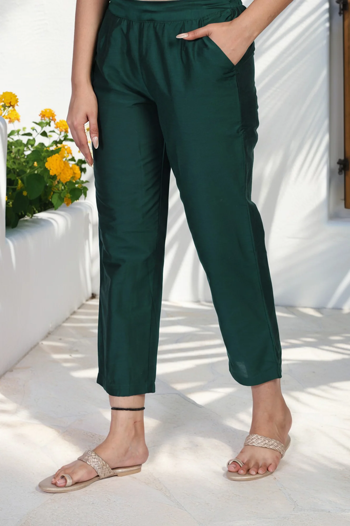 Green Cropped Rayon Straight Pant - Image 5