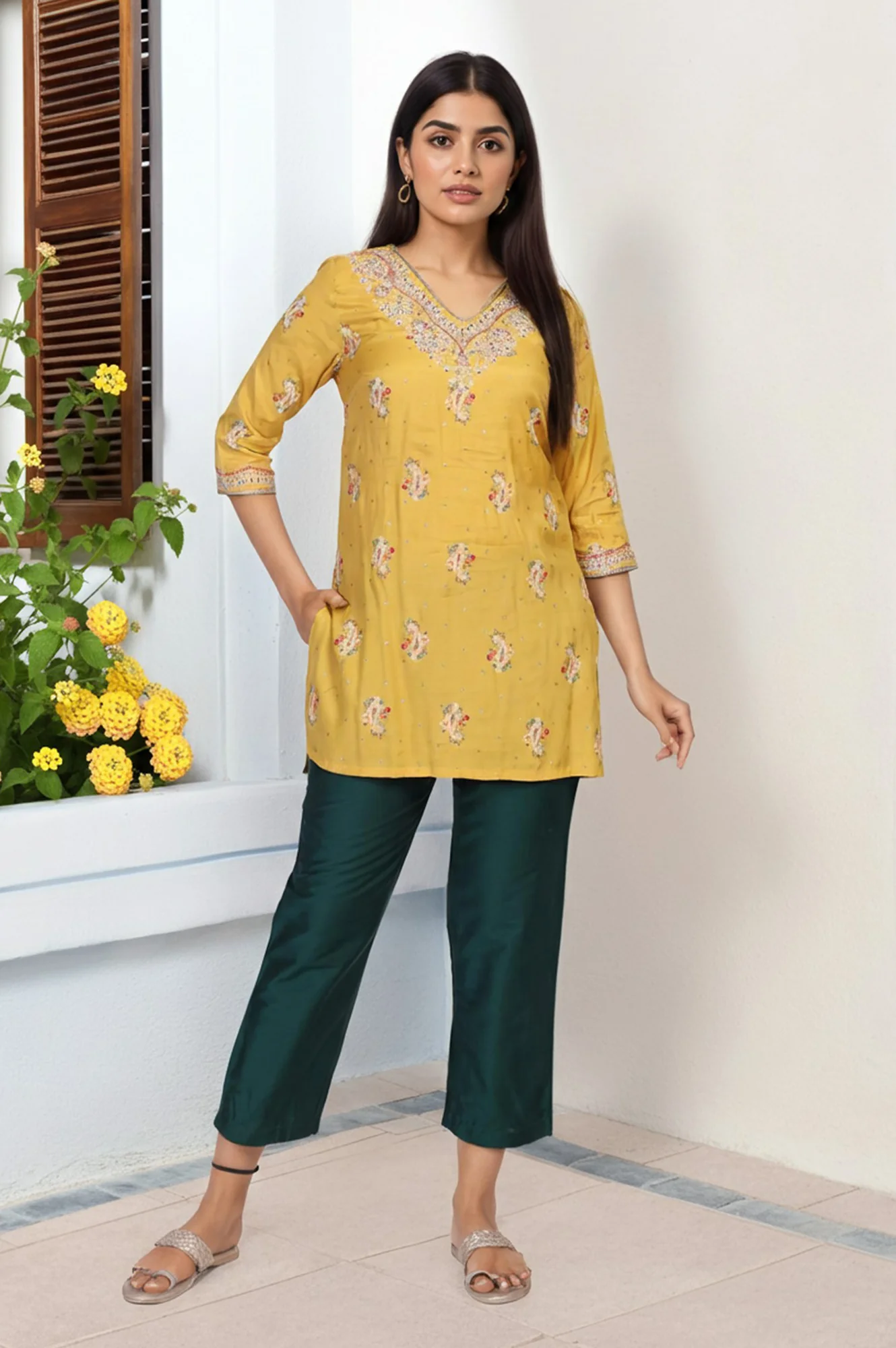 Green Cropped Rayon Straight Pant - Image 6