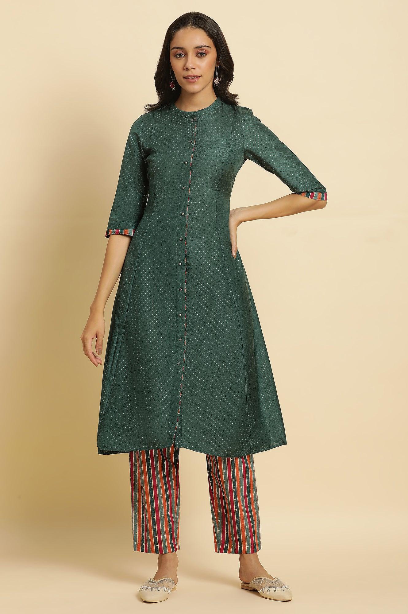 Green Embellished Button Down Kurta And Pants Set - Image 2