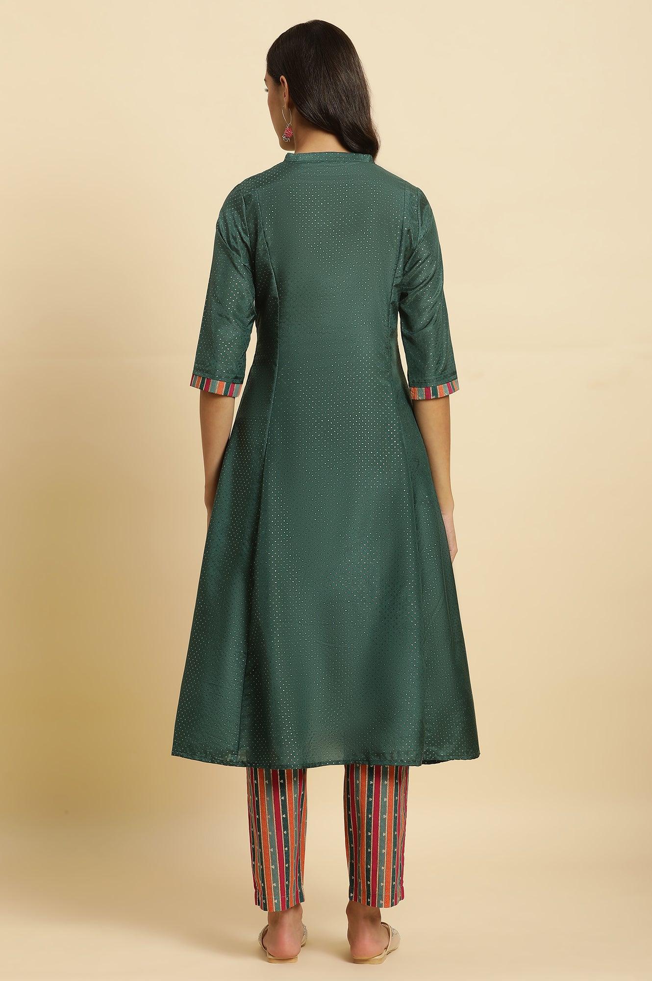 Green Embellished Button Down Kurta And Pants Set - Image 4