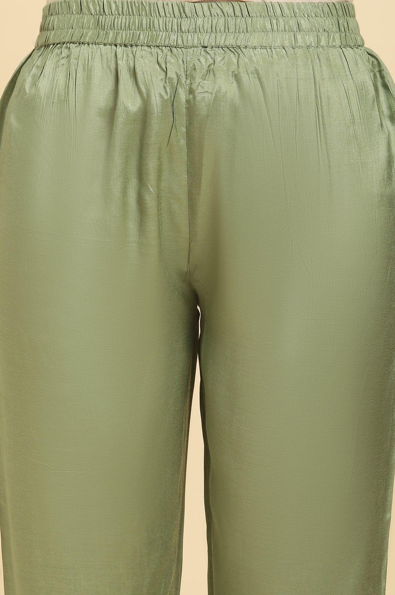 Green Embellished Shantung Kurta, Pants And Dupatta Set - Image 8