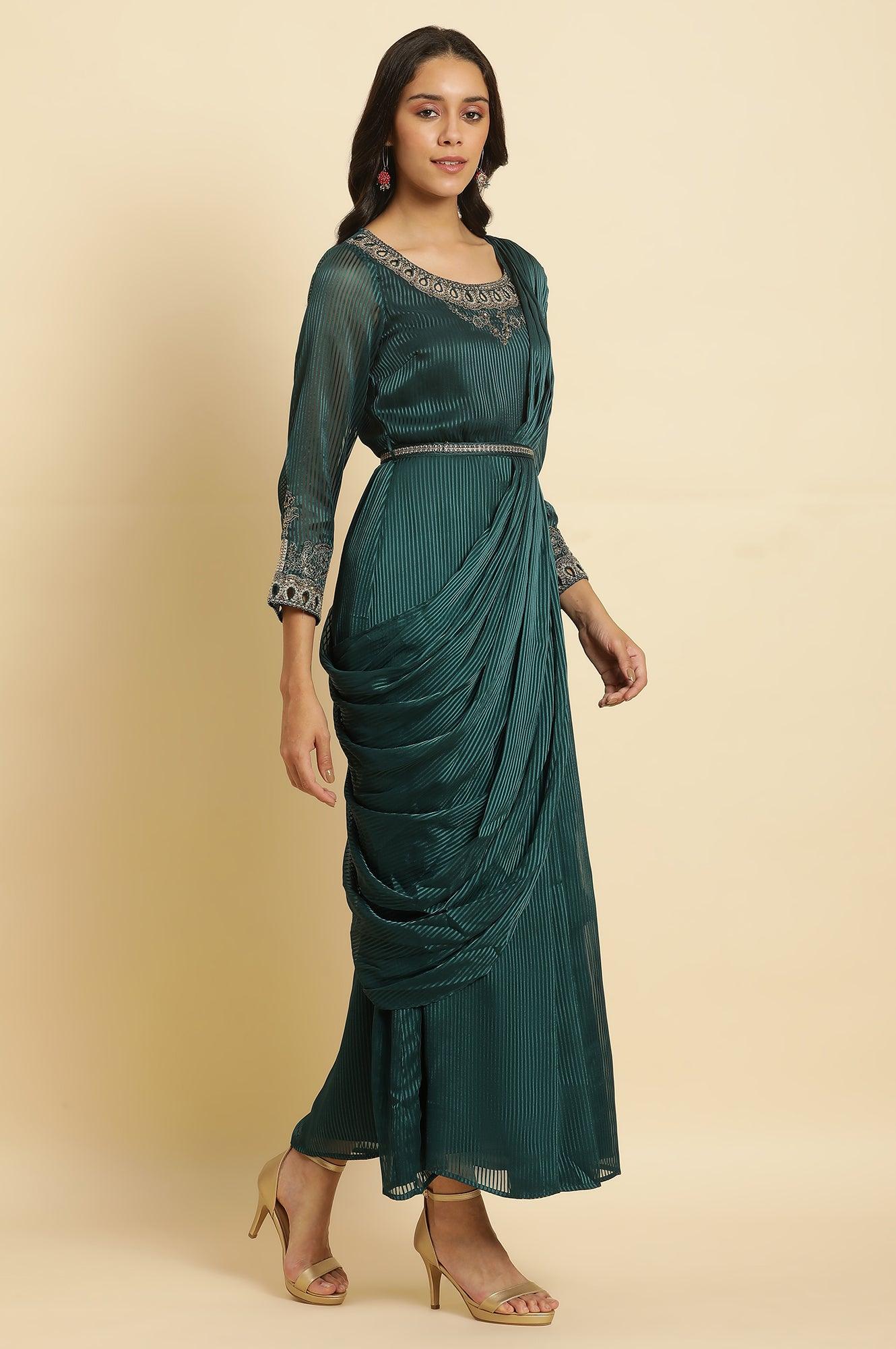 Green Embelloshed Predrape Saree Dress - Image 5