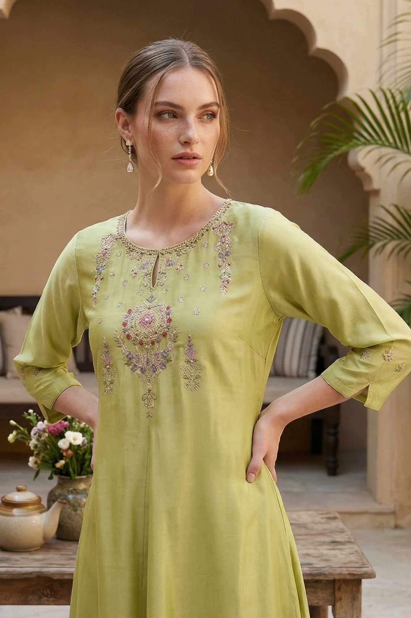 Green Embroidered A-Line kurta - Image 3