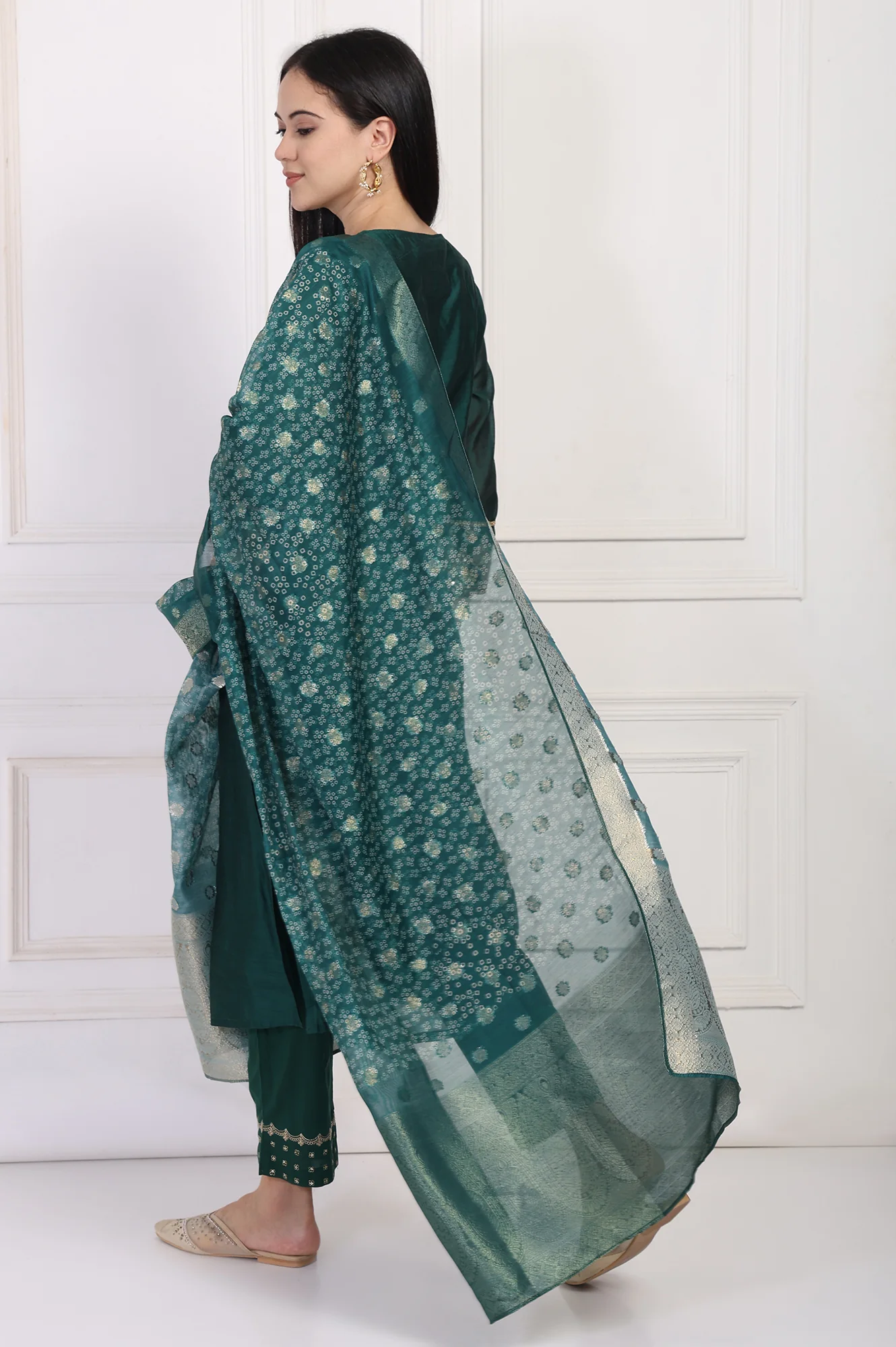 Green Embroidered A-Line Silk Kurta with Straight Pant and Dupatta Set - Image 5