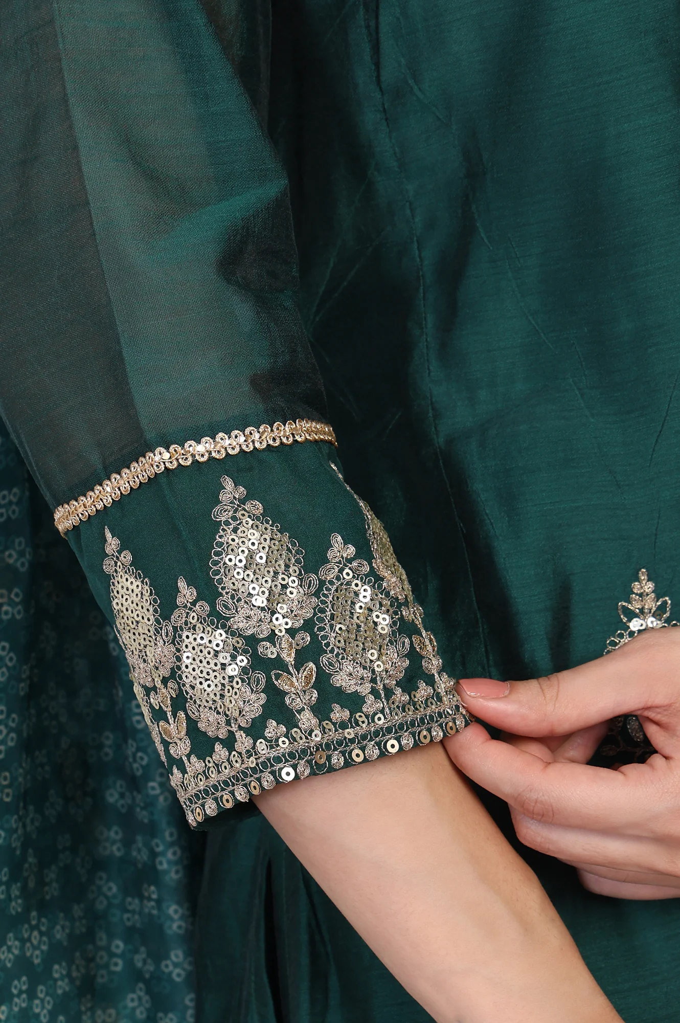 Green Embroidered A-Line Silk Kurta with Straight Pant and Dupatta Set - Image 7