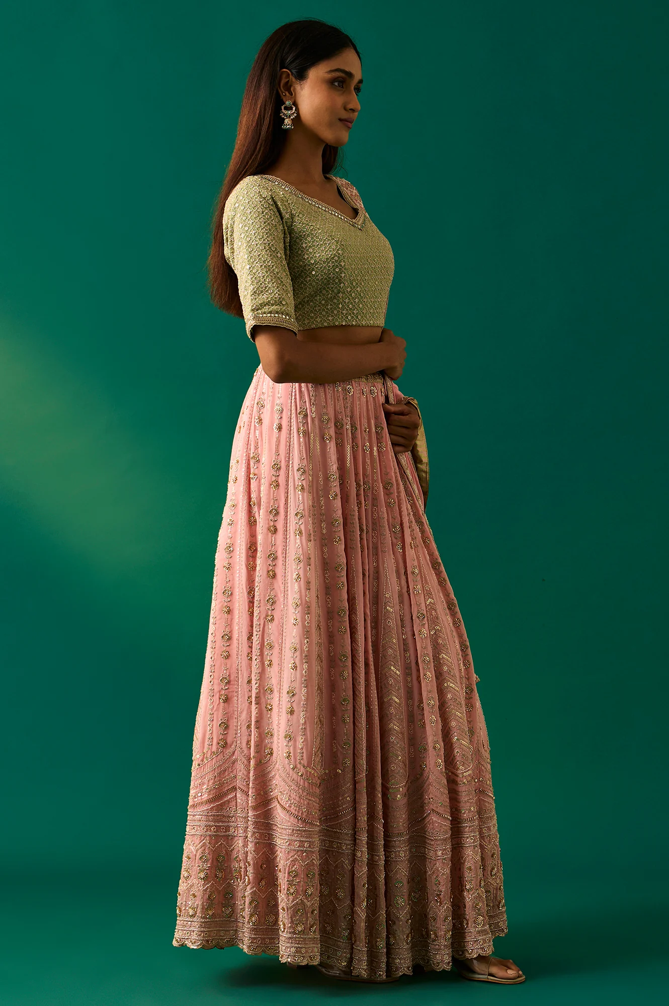 Green Embroidered Anarkali Blouse with Skirt and Dupatta Set - Image 5