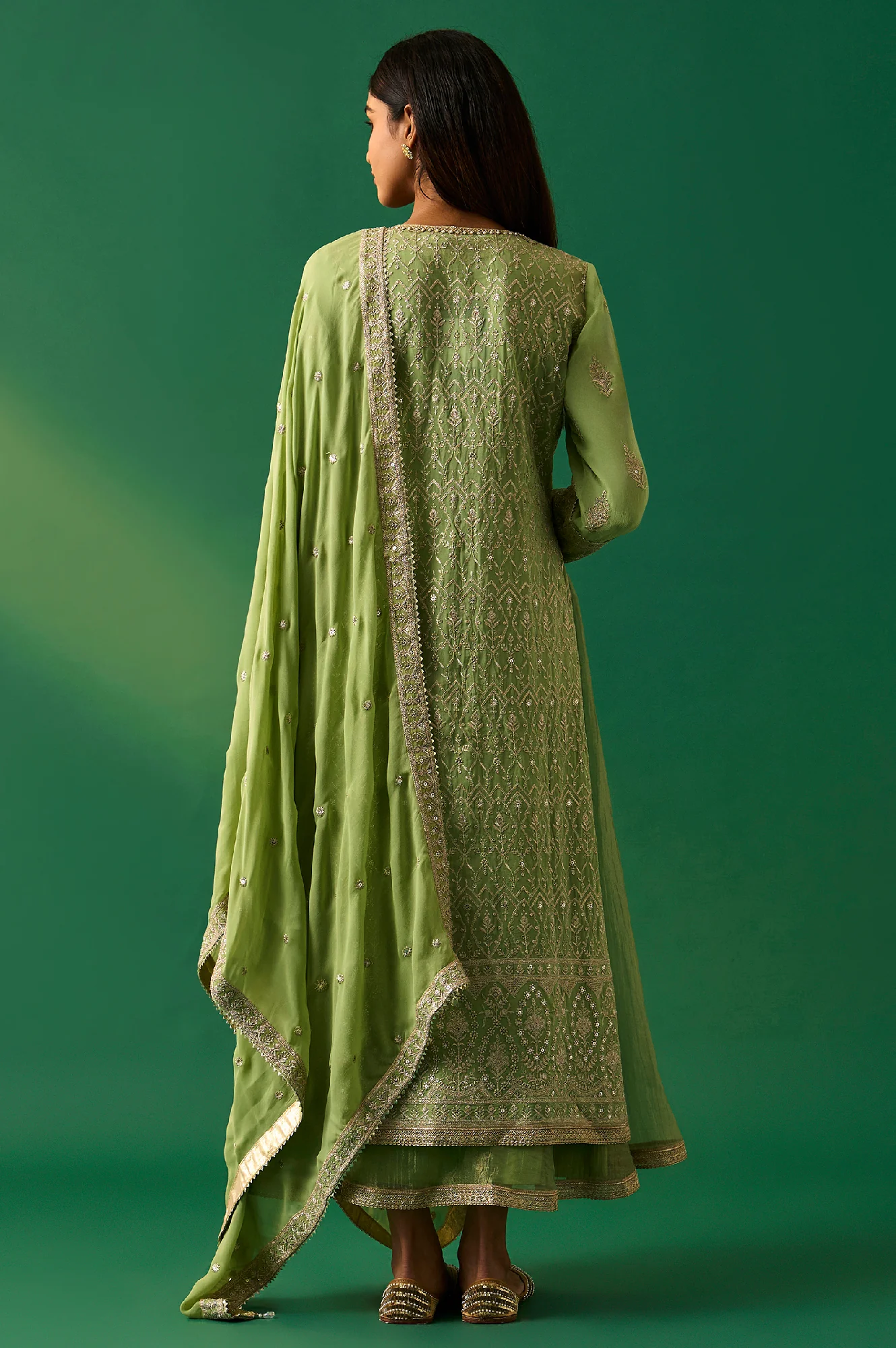 Green Embroidered Anarkali Dress with Churidar and Dupatta Set - Image 4
