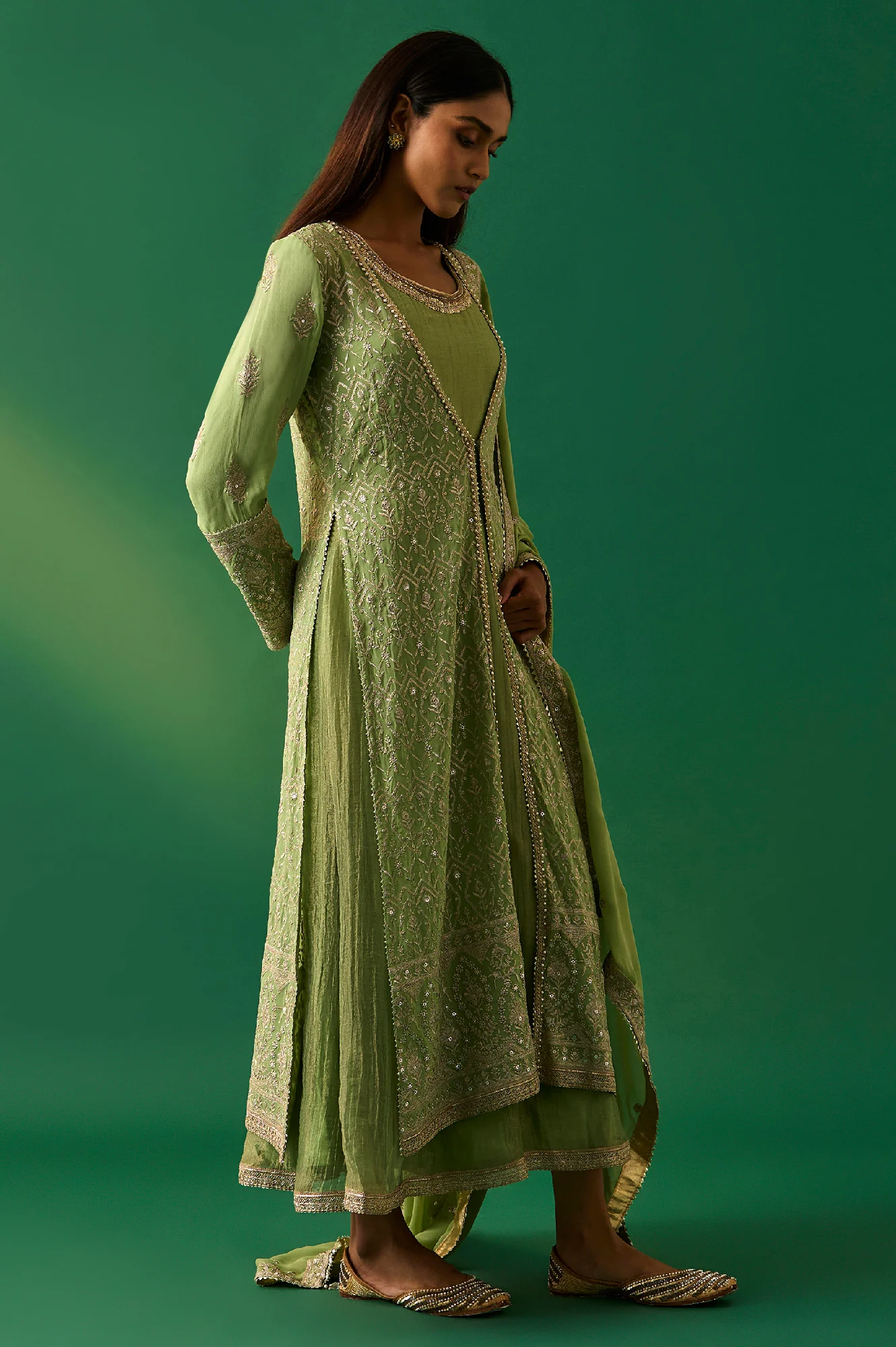 Green Embroidered Anarkali Dress with Churidar and Dupatta Set - Image 5