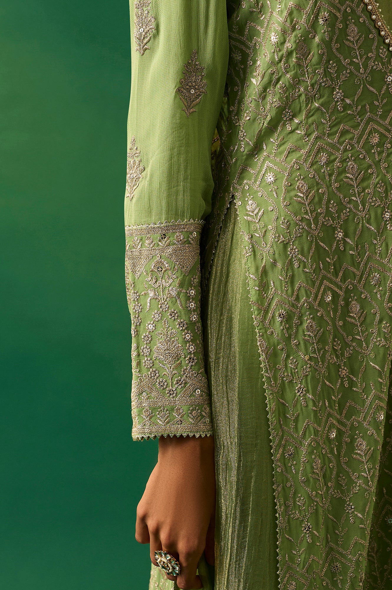 Green Embroidered Anarkali Dress with Churidar and Dupatta Set - Image 7