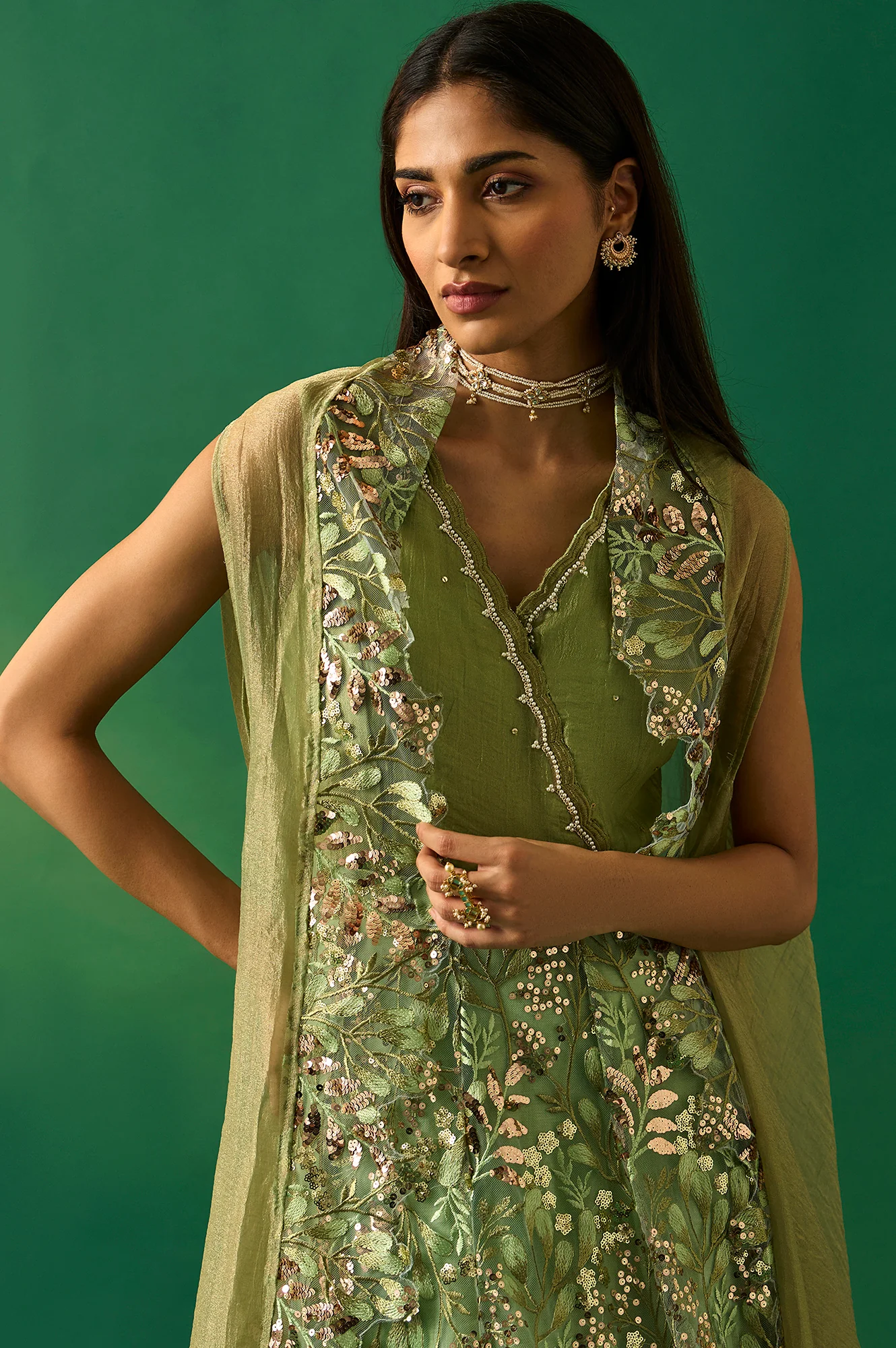 Green Embroidered Anarkali Tissue Dress with Churidar and Dupatta Set - Image 2