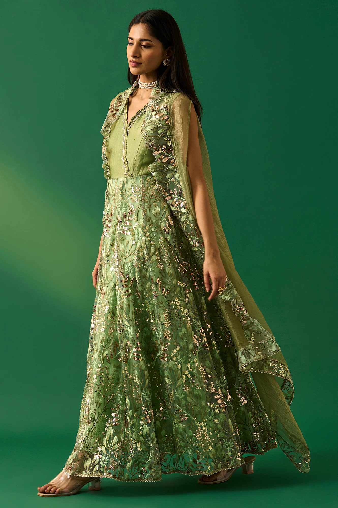 Green Embroidered Anarkali Tissue Dress with Churidar and Dupatta Set - Image 3