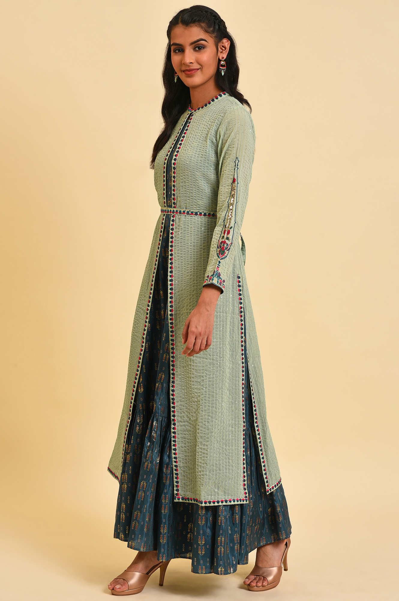 Green Embroidered Gillet & Tiered Dress Set - Image 3