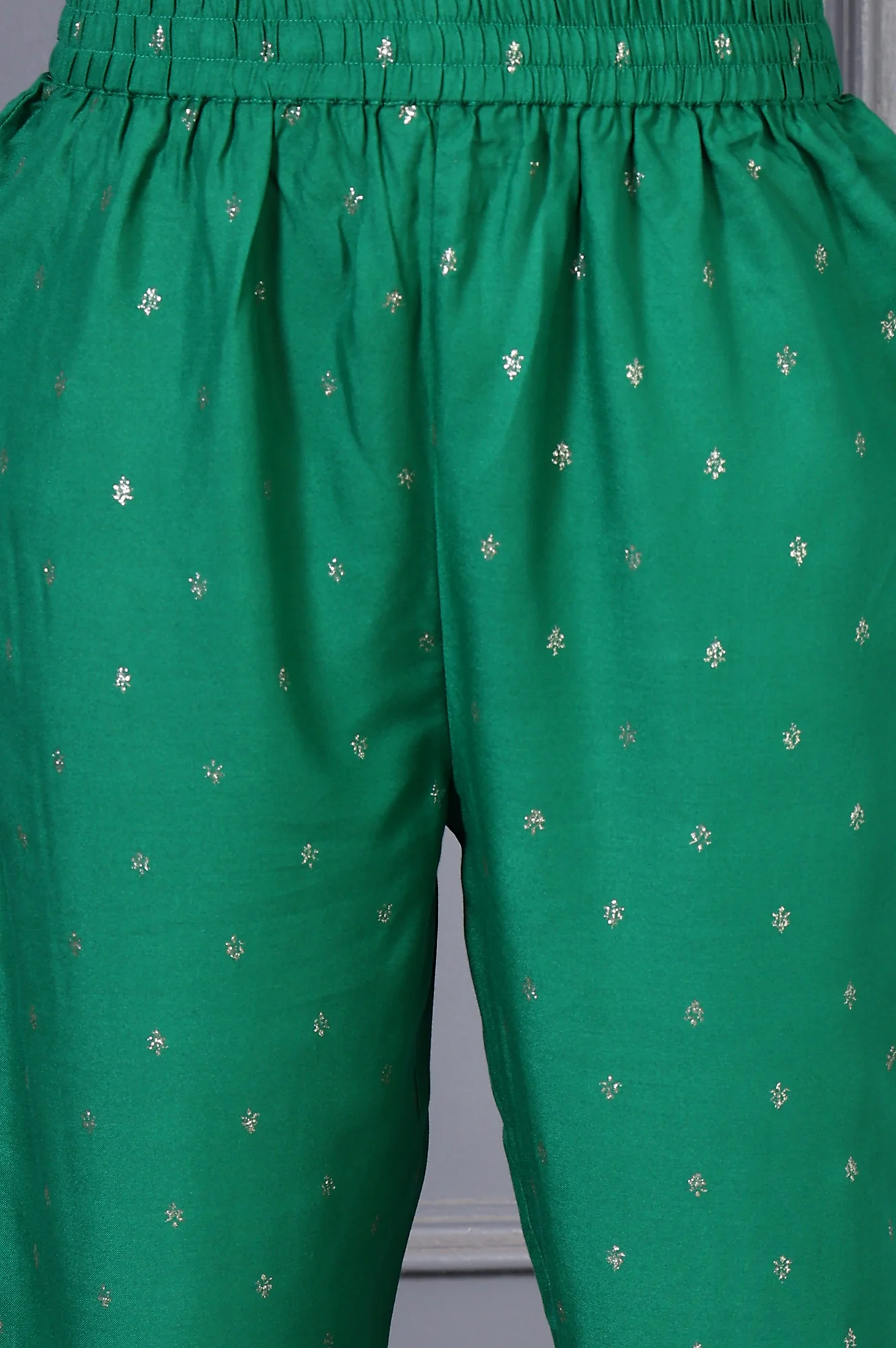 Green Embroidered Glitter Printed Rayon Flared Kurta and Pants Set - Image 9