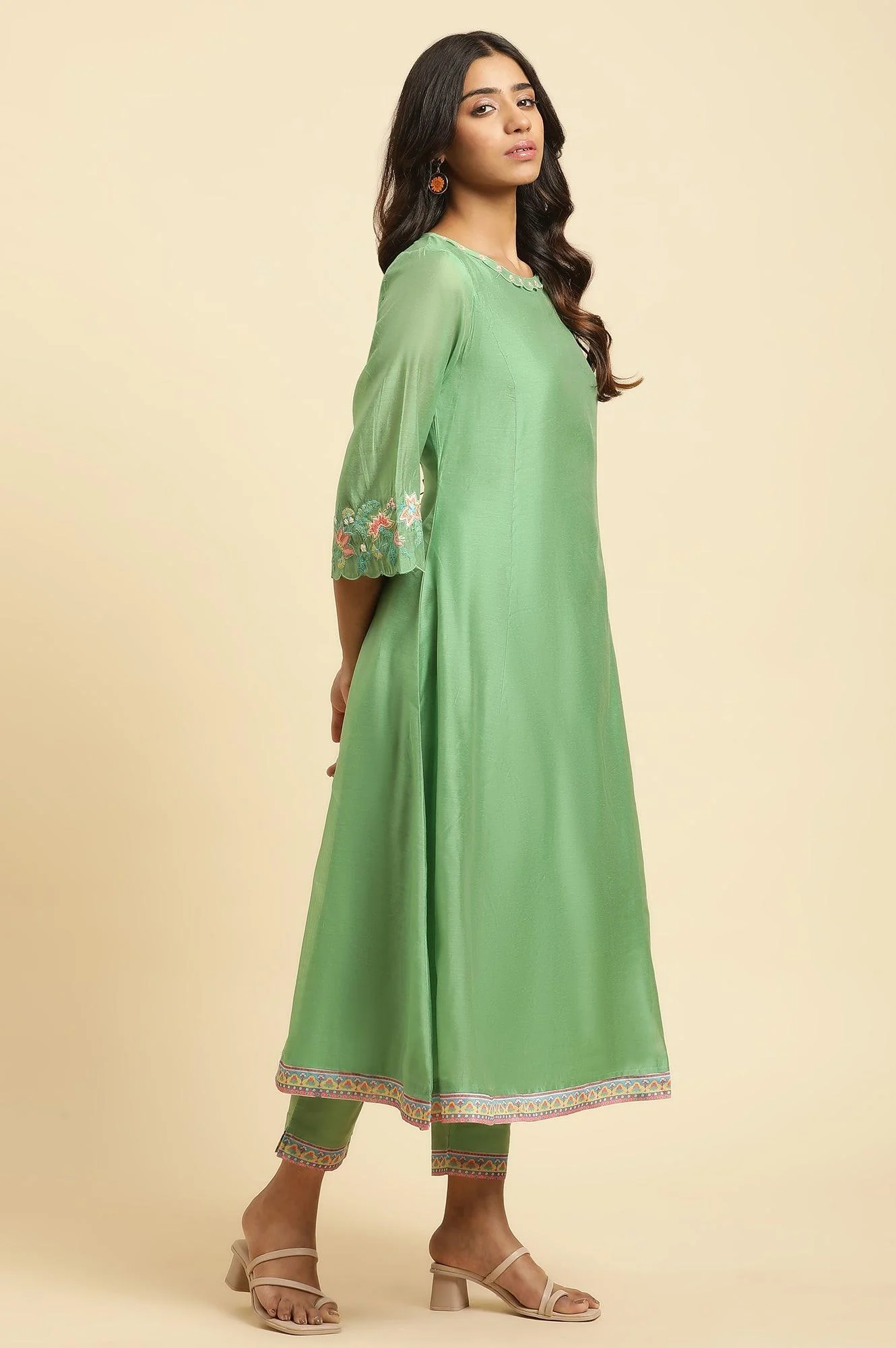 Green Embroidered Kurta, Pants And Printed Dupatta Set - Image 3
