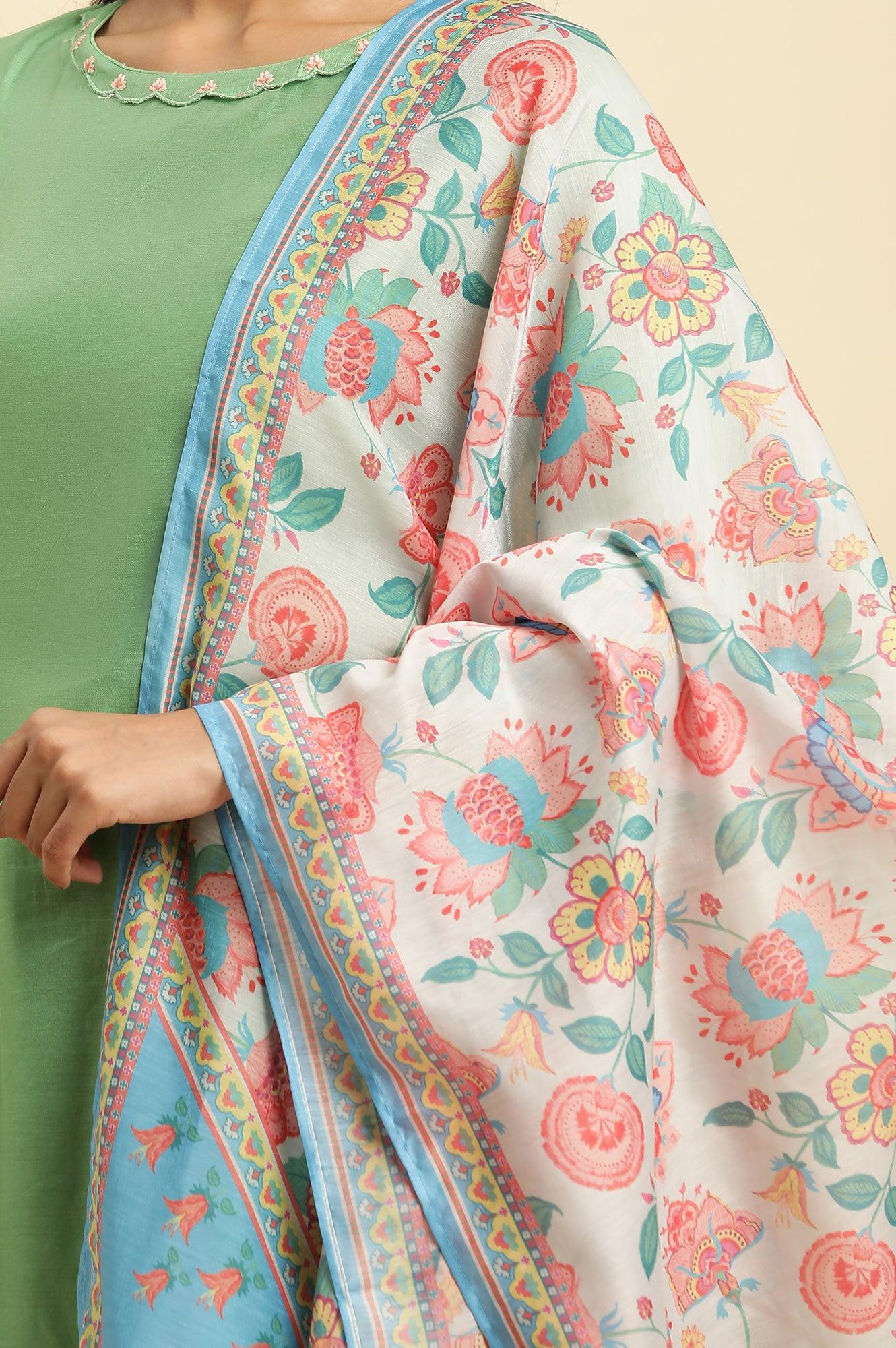 Green Embroidered Kurta, Pants And Printed Dupatta Set - Image 9