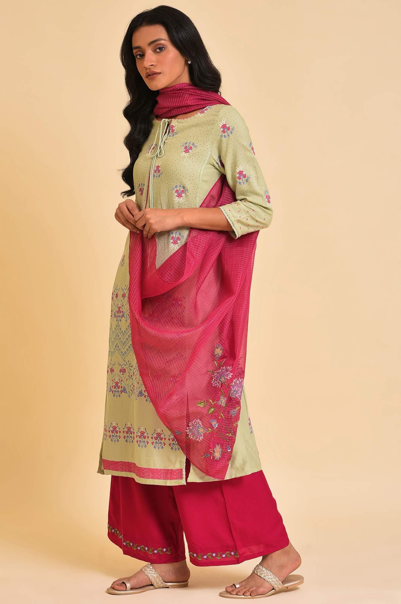 Green Embroidered kurta, Parallel Pants & Dupatta Set - Image 3