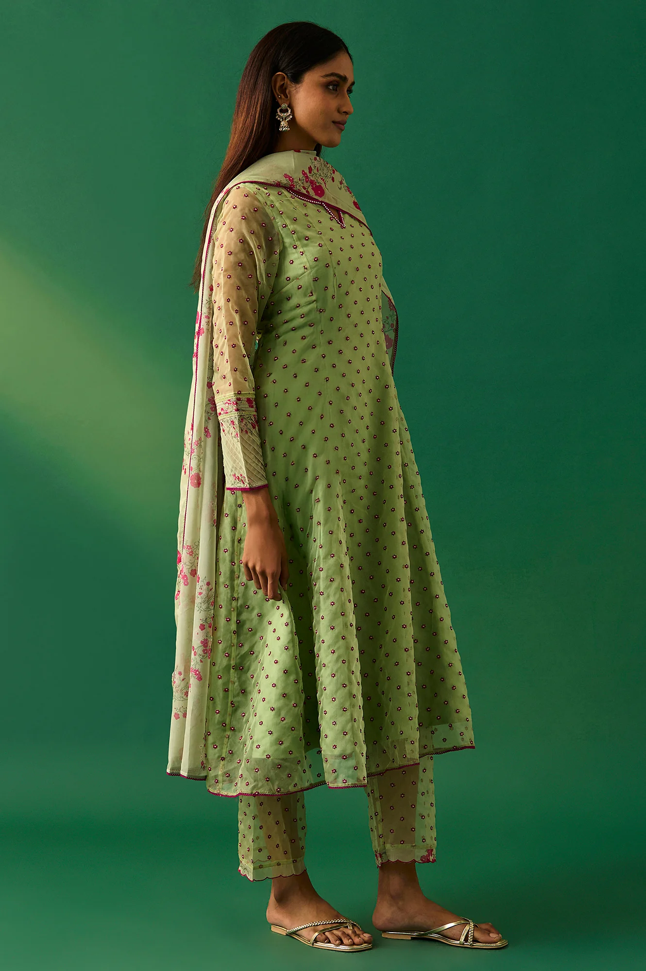 Green Embroidered Organza Flared Kurta, Pant and Printed Dupatta Set - Image 5