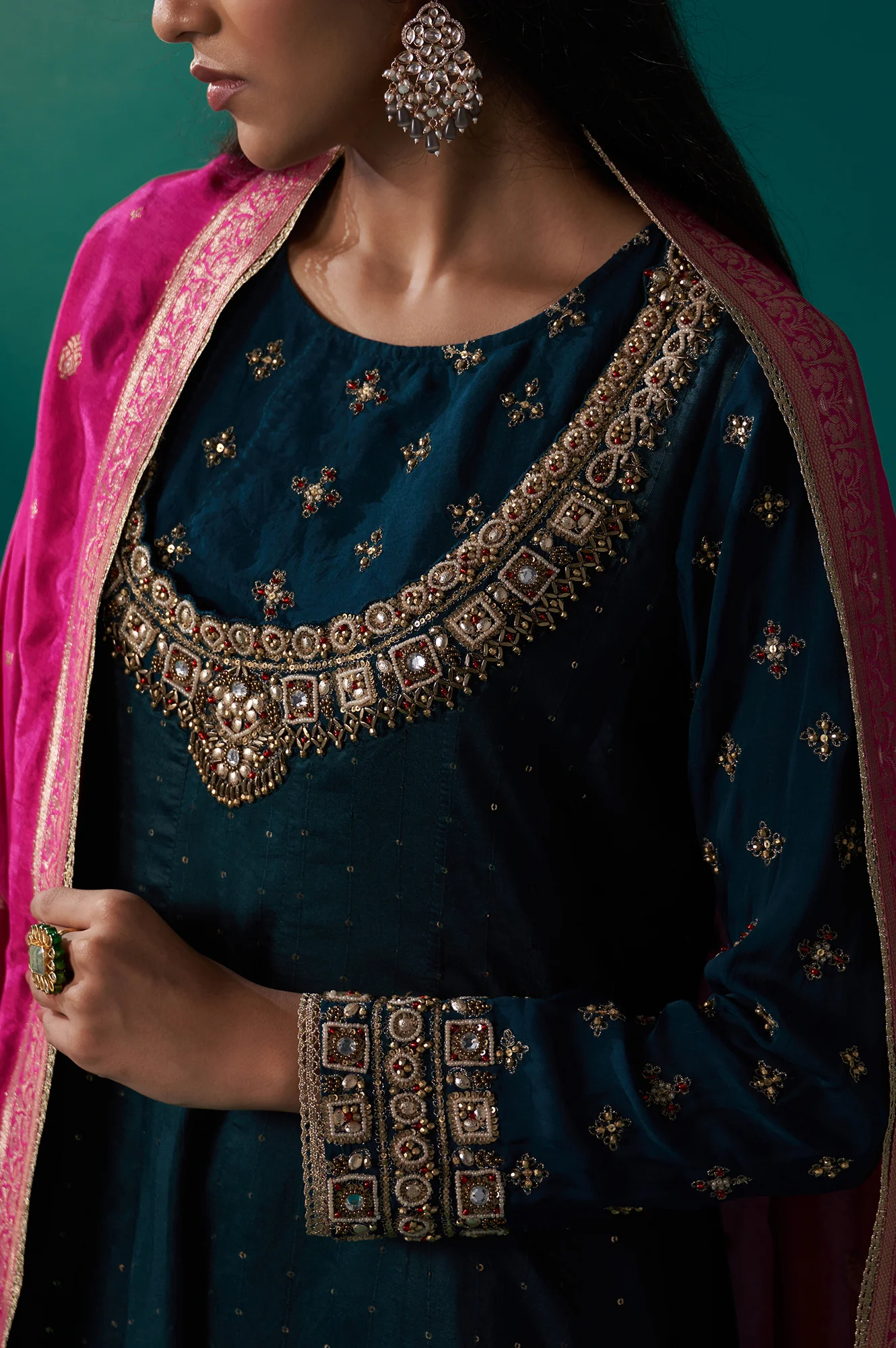 Teal Green Heavy Embroidered Sequined Anarkali Kurta with Straight Pant and Dupatta Set - Image 2
