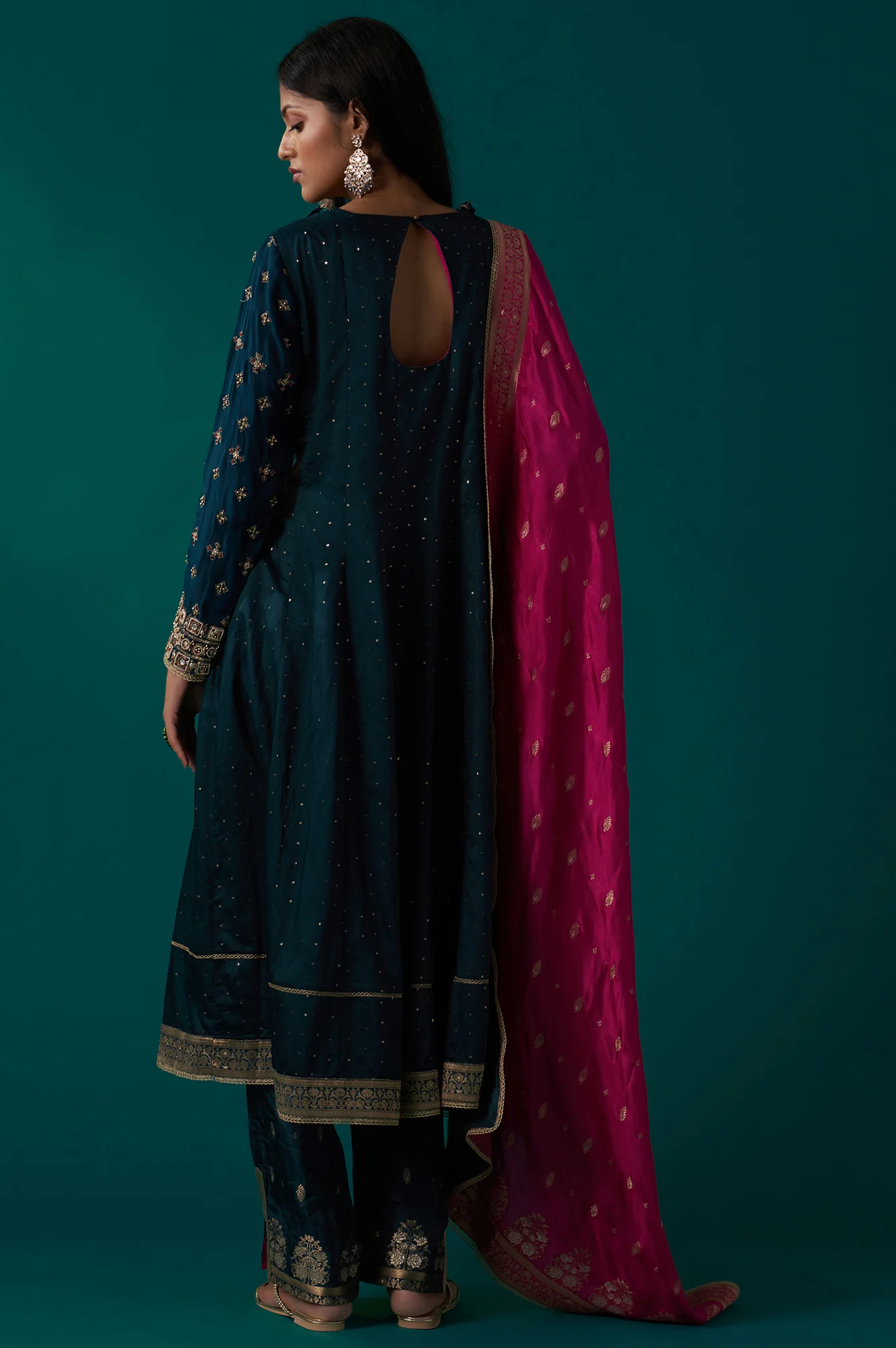 Teal Green Heavy Embroidered Sequined Anarkali Kurta with Straight Pant and Dupatta Set - Image 4