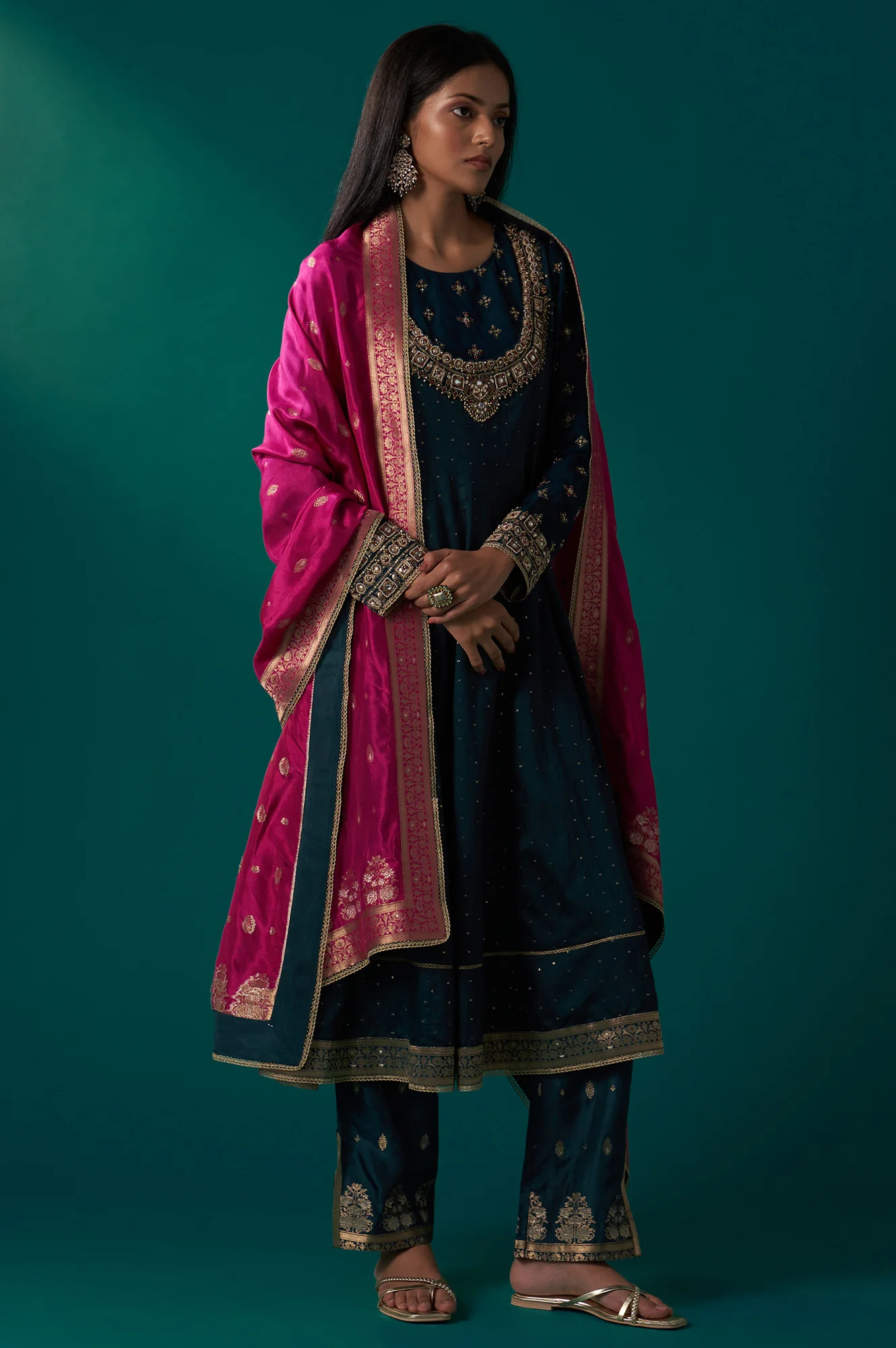 Teal Green Heavy Embroidered Sequined Anarkali Kurta with Straight Pant and Dupatta Set - Image 5