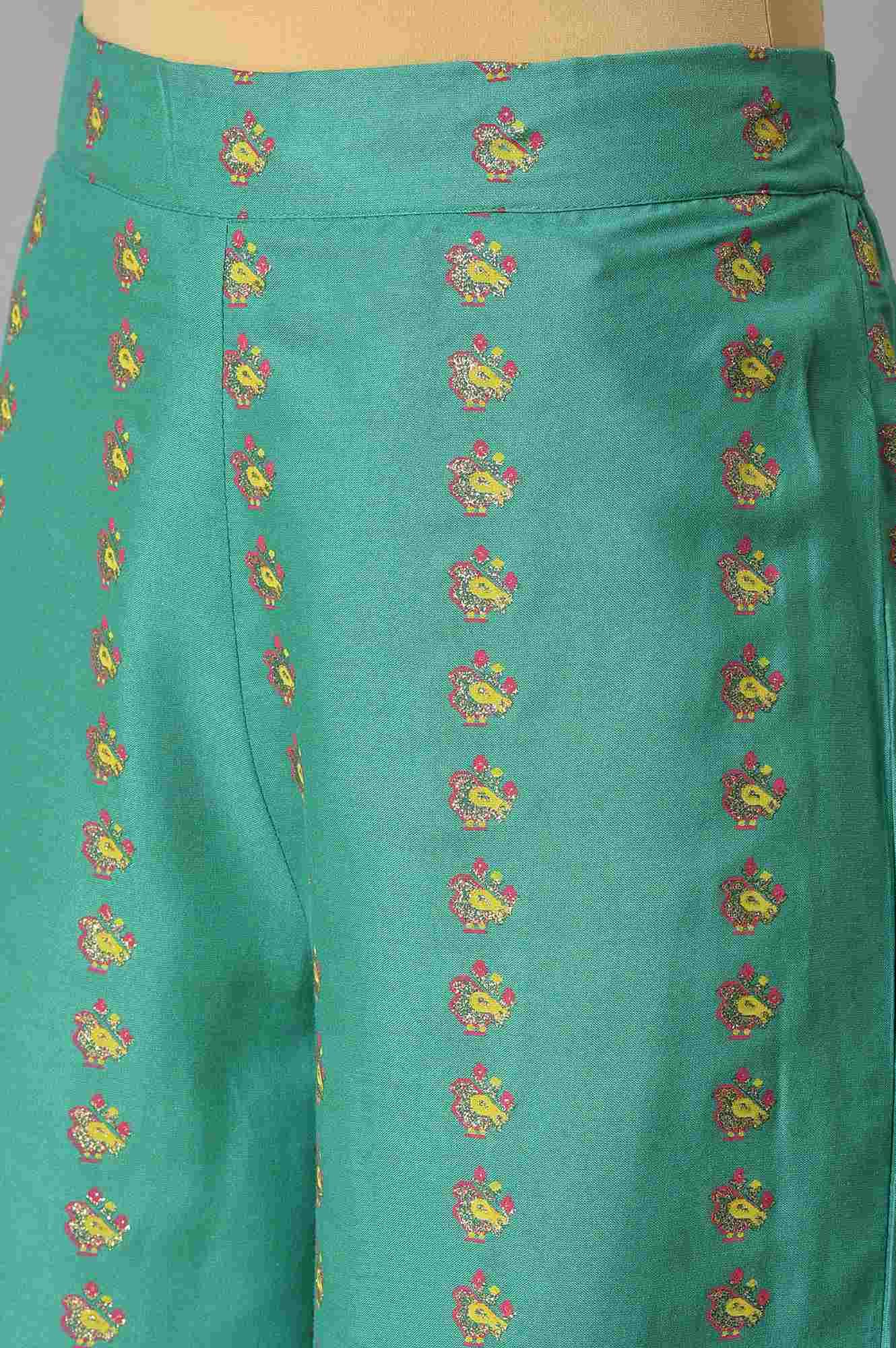 Green Embroidered Shantung kurta With Printed Parallel Pants And Dupatta - Image 7