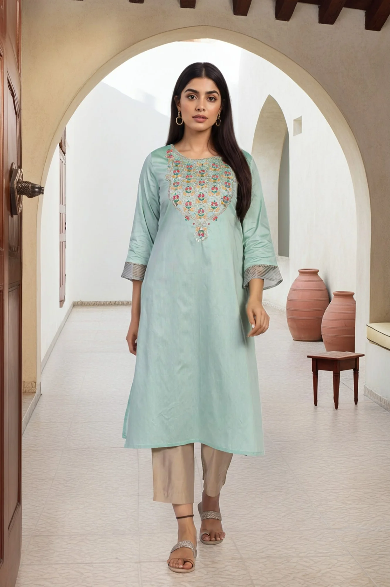 Green Embroidered Straight Kurta - Image 2