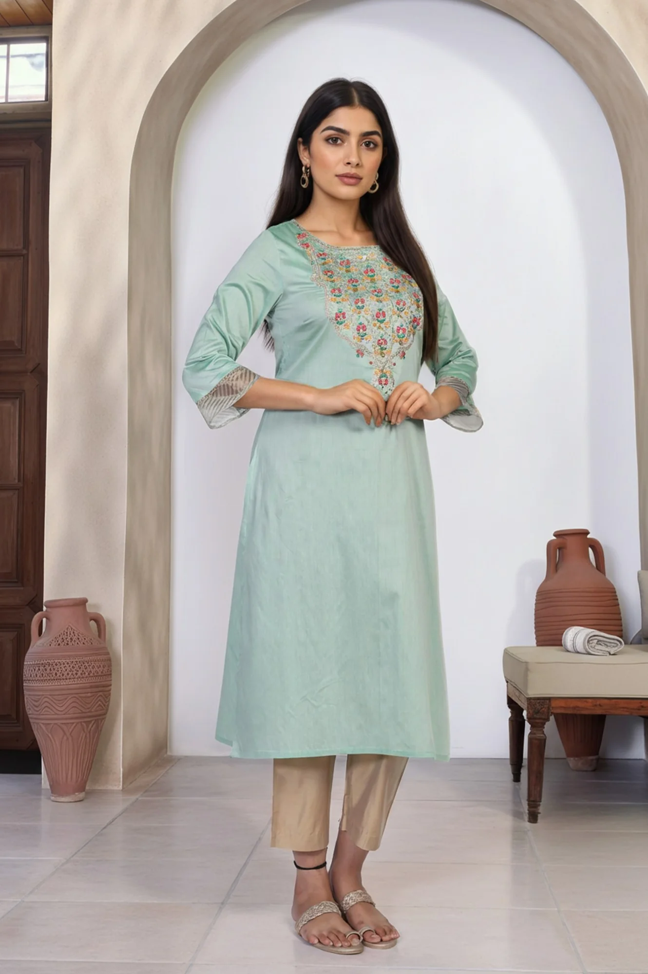 Green Embroidered Straight Kurta - Image 4