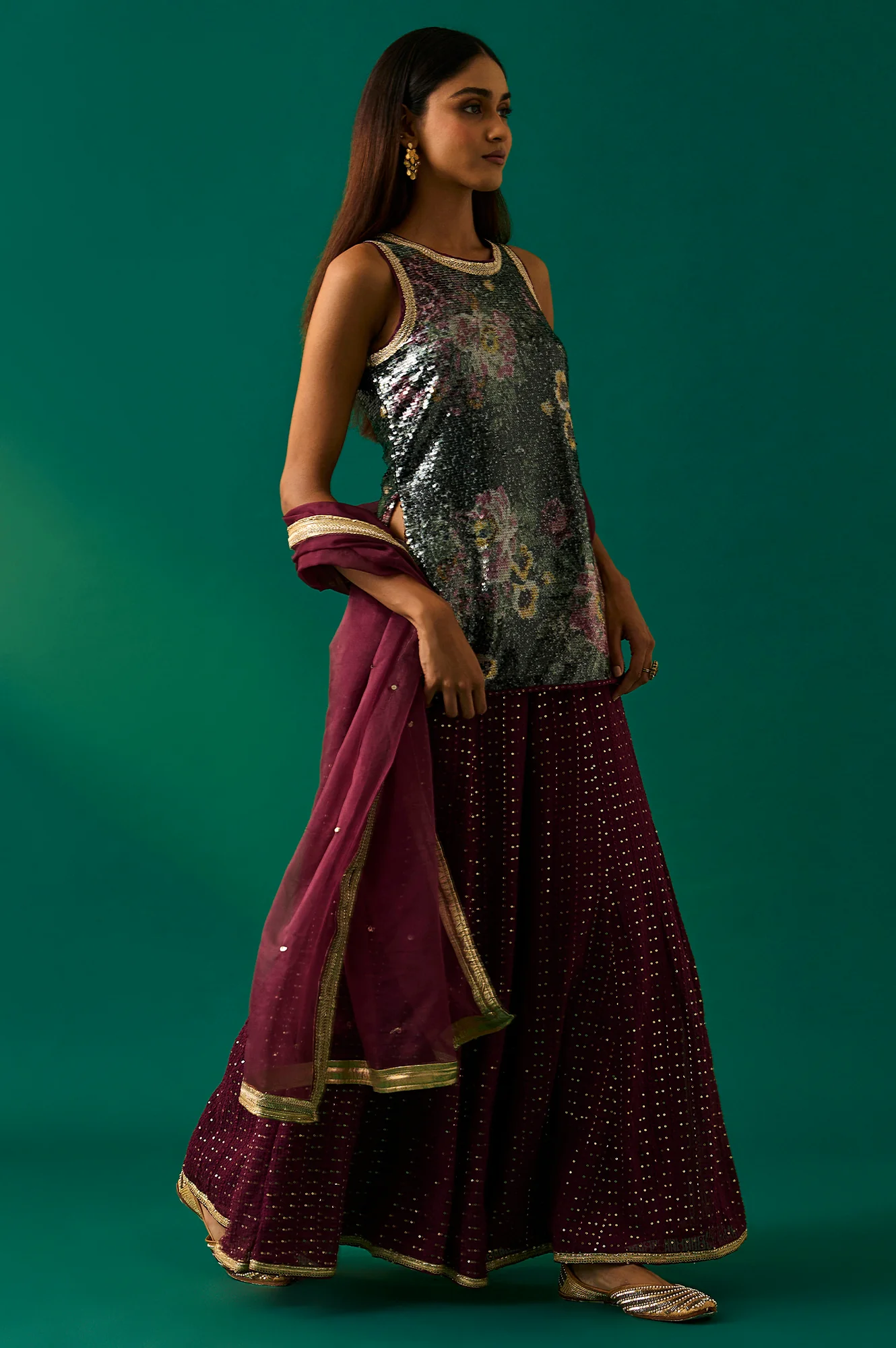 Green Embroidered Straight Kurta with Sharara and Dupatta Set - Image 4