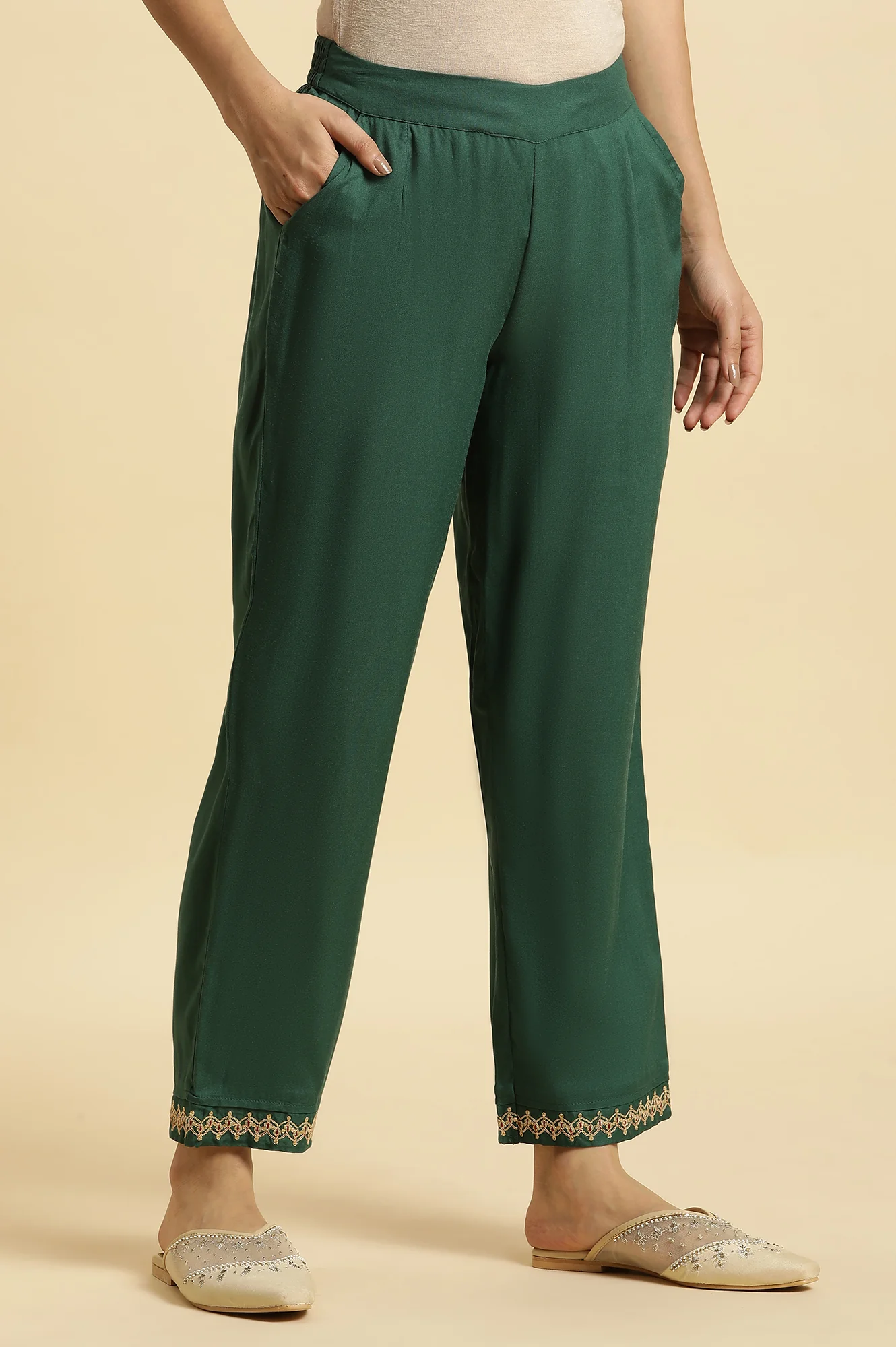 Green Embroidered Straight Pants - Image 2