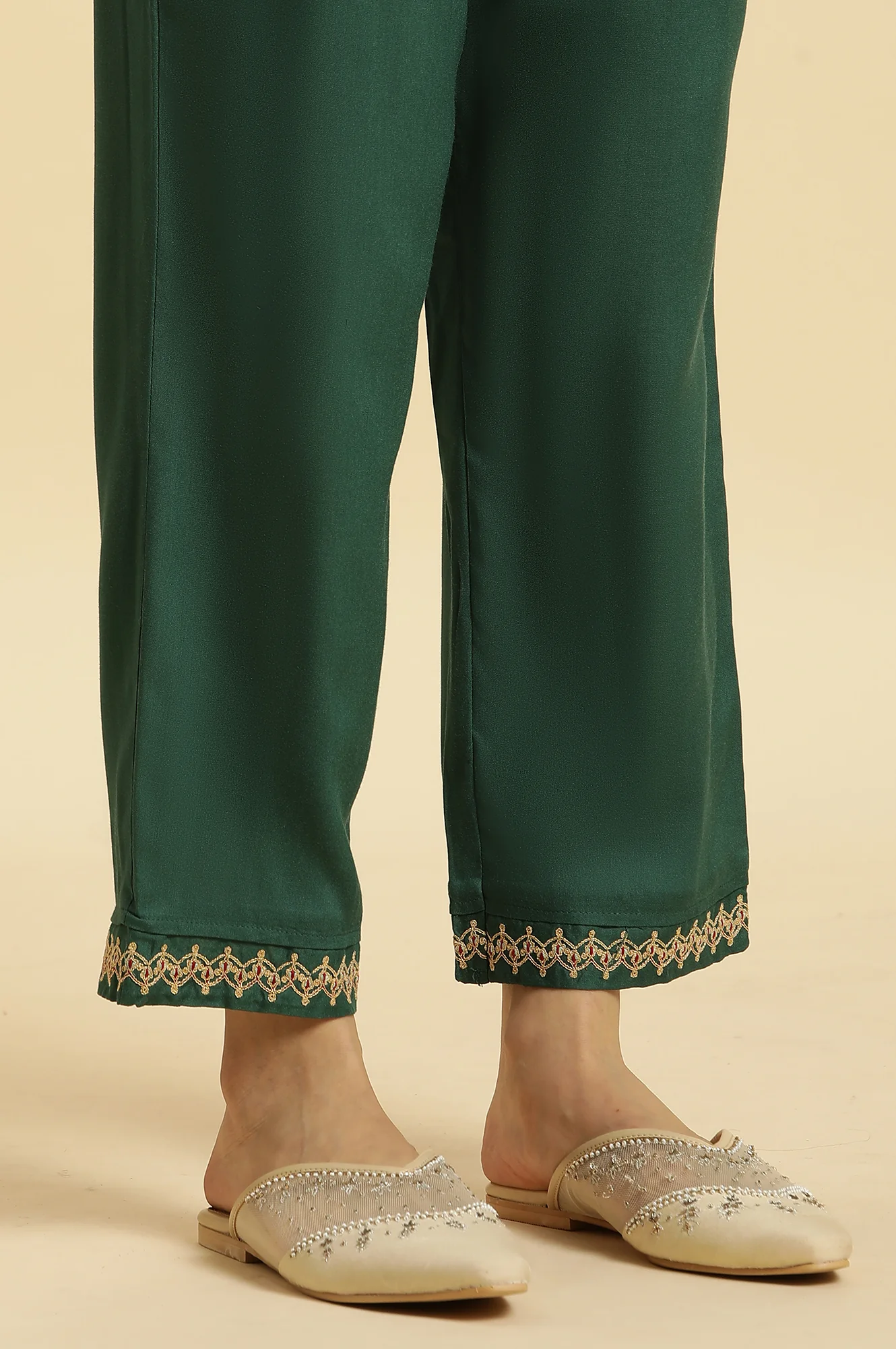 Green Embroidered Straight Pants - Image 8