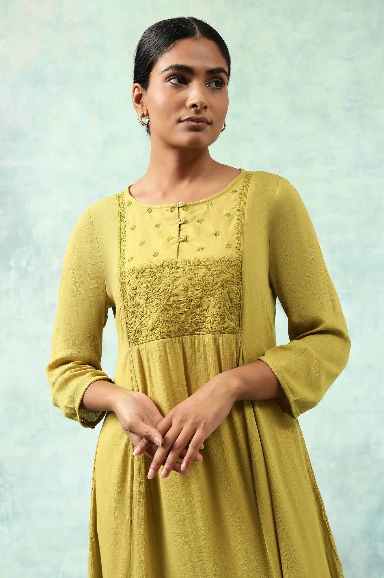 Green Flared Chikankari kurta In Rayon Crepe - Image 6