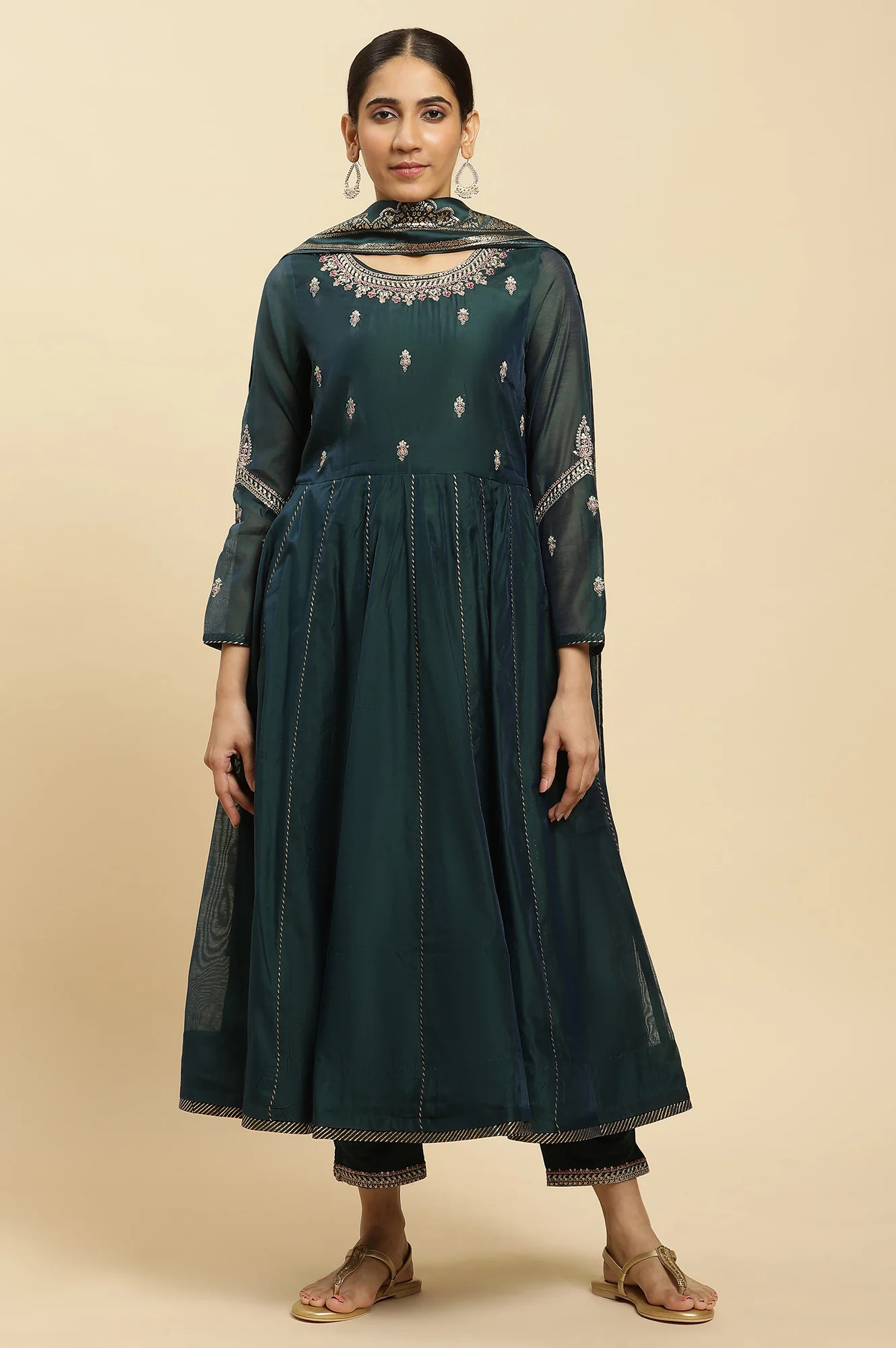 Green Flared Embroidered Kurta, Pants And Dupatta Set - Image 2