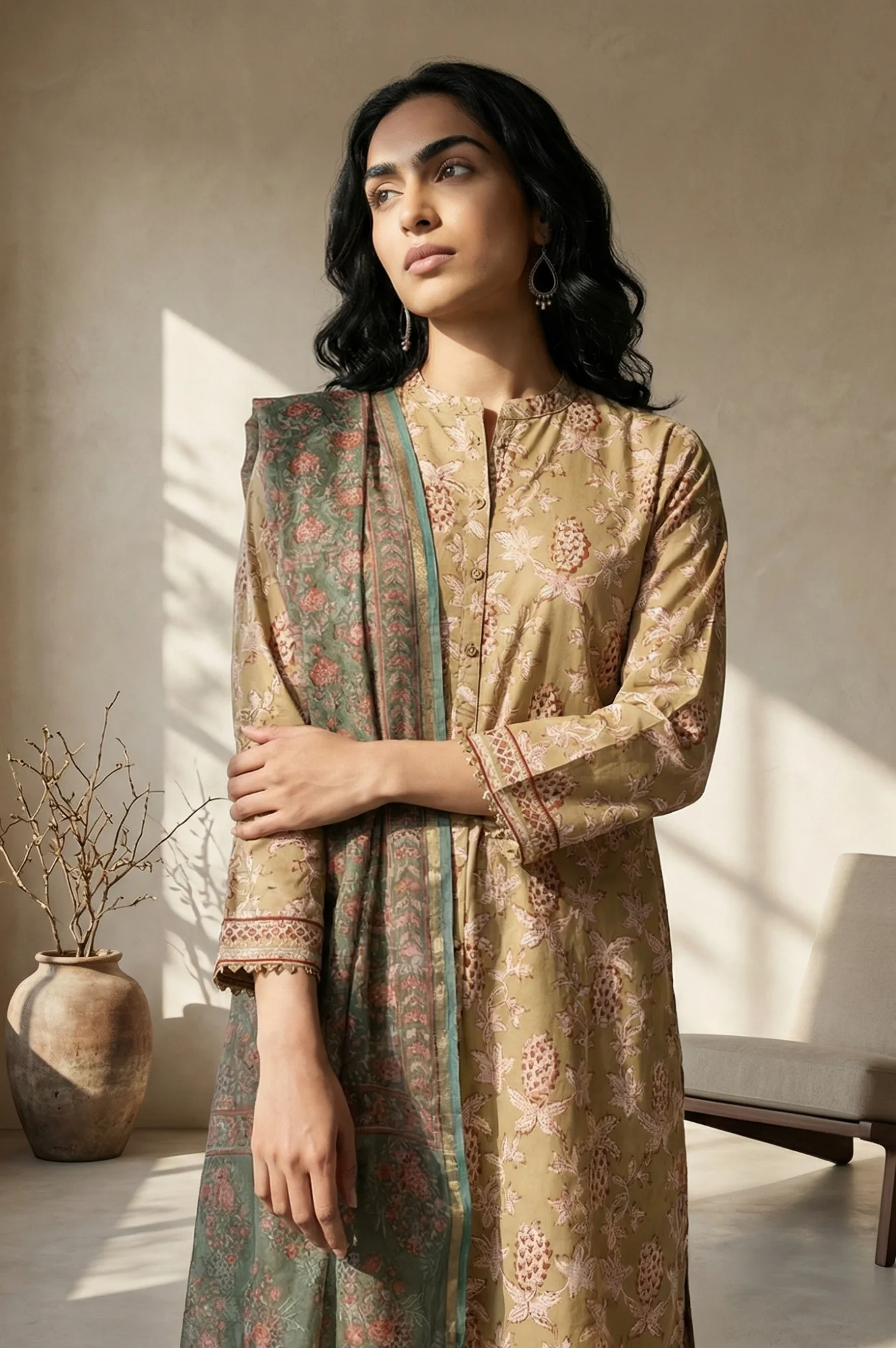 Green Floral Block Printed Cotton Blend Dupatta