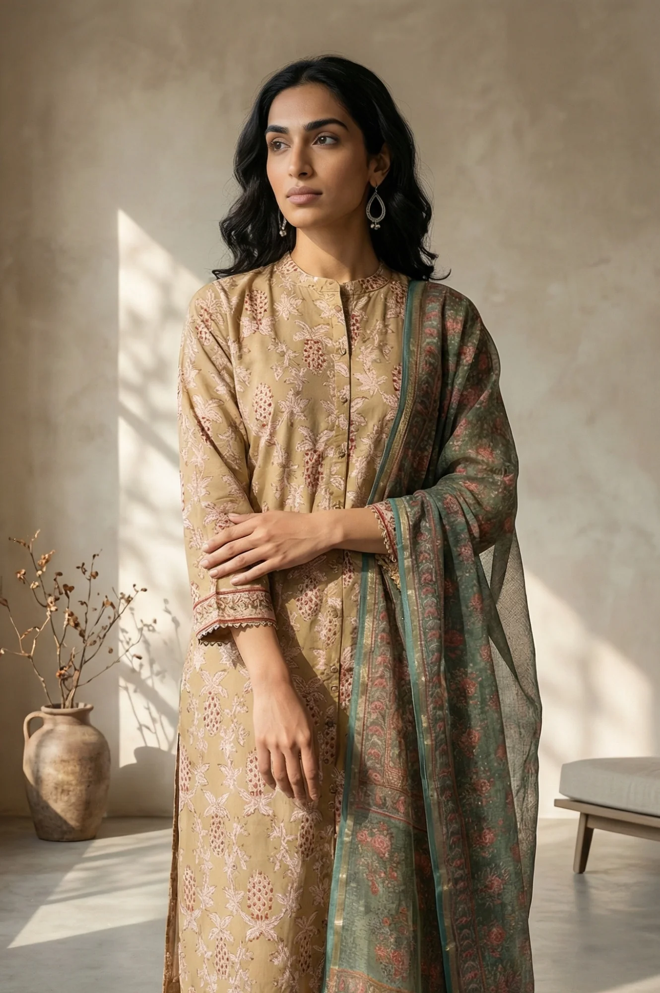 Green Floral Block Printed Cotton Blend Dupatta - Image 5