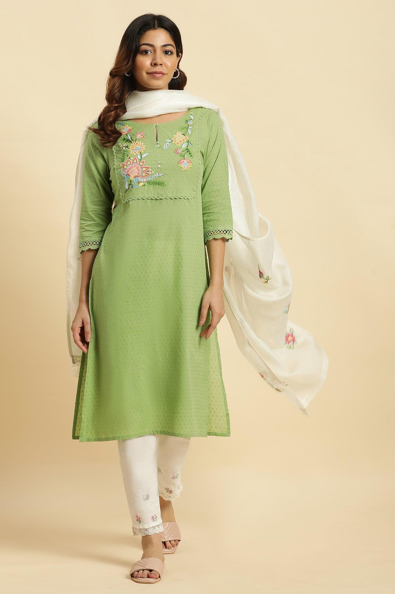 Green Floral Embroidered Cotton Kurta - Image 6