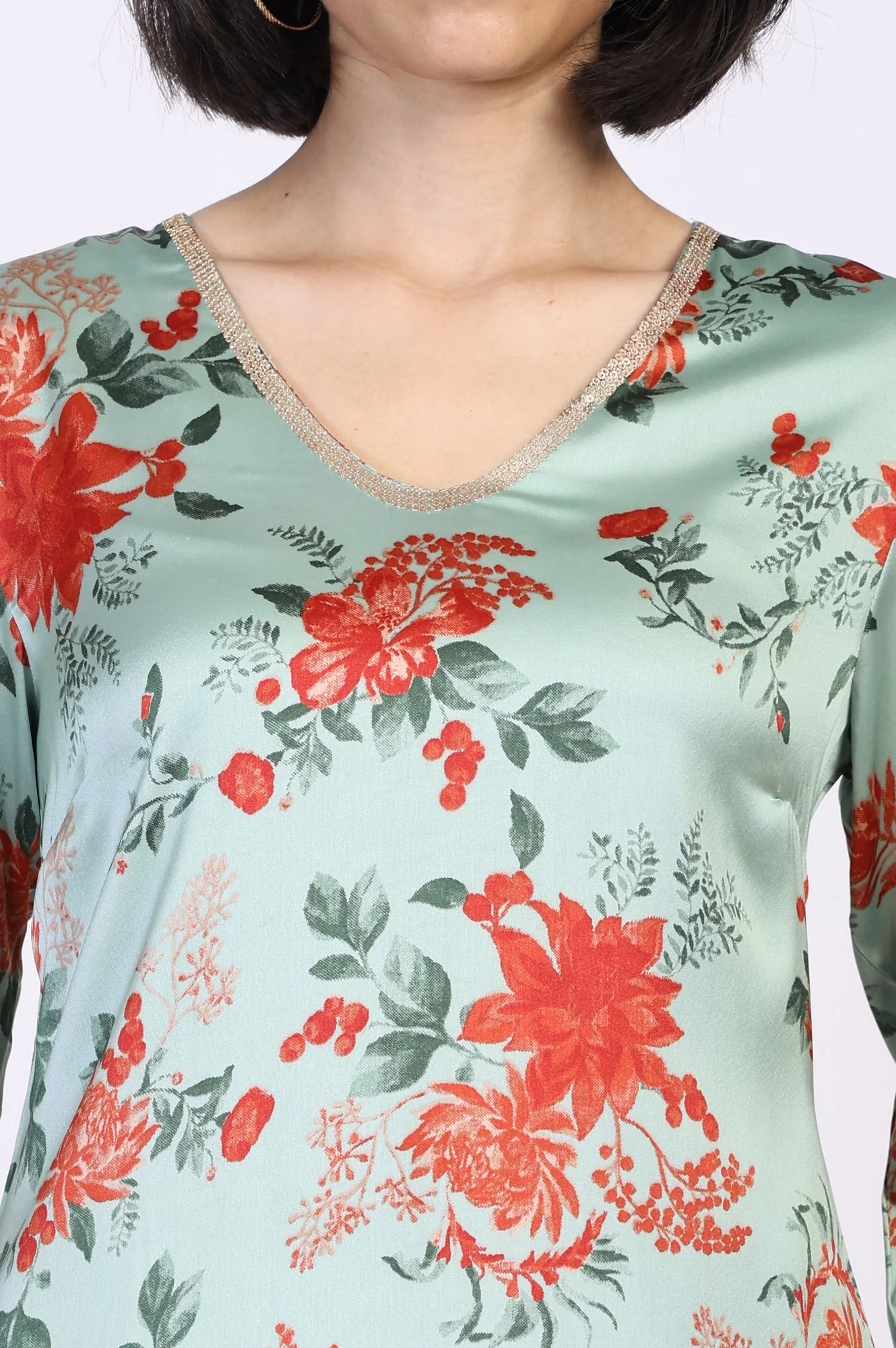 Green Floral Print Sequined A-Line Satin Kurta with Straight Pant - Image 3