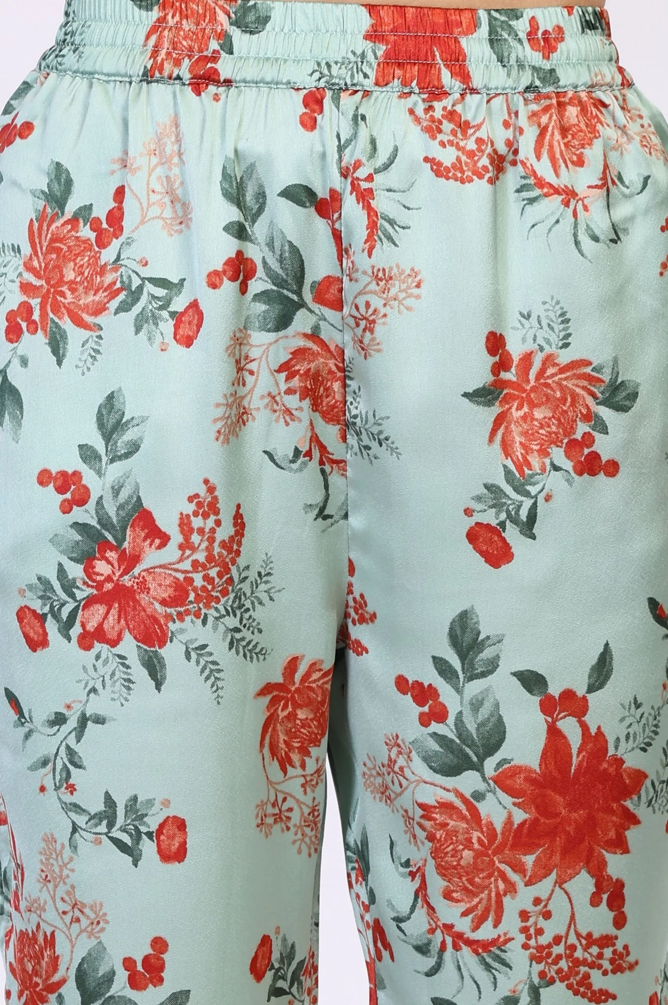 Green Floral Print Sequined A-Line Satin Kurta with Straight Pant - Image 7