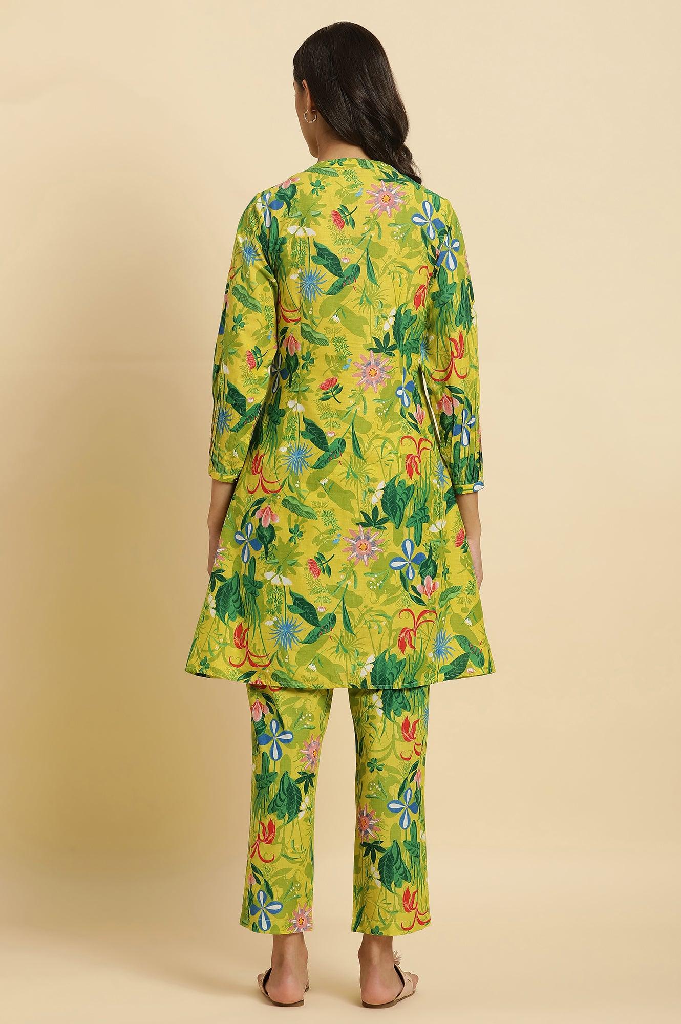 Green Floral Printed A-Line Kurta & Pants Co-Ord Set - Image 5
